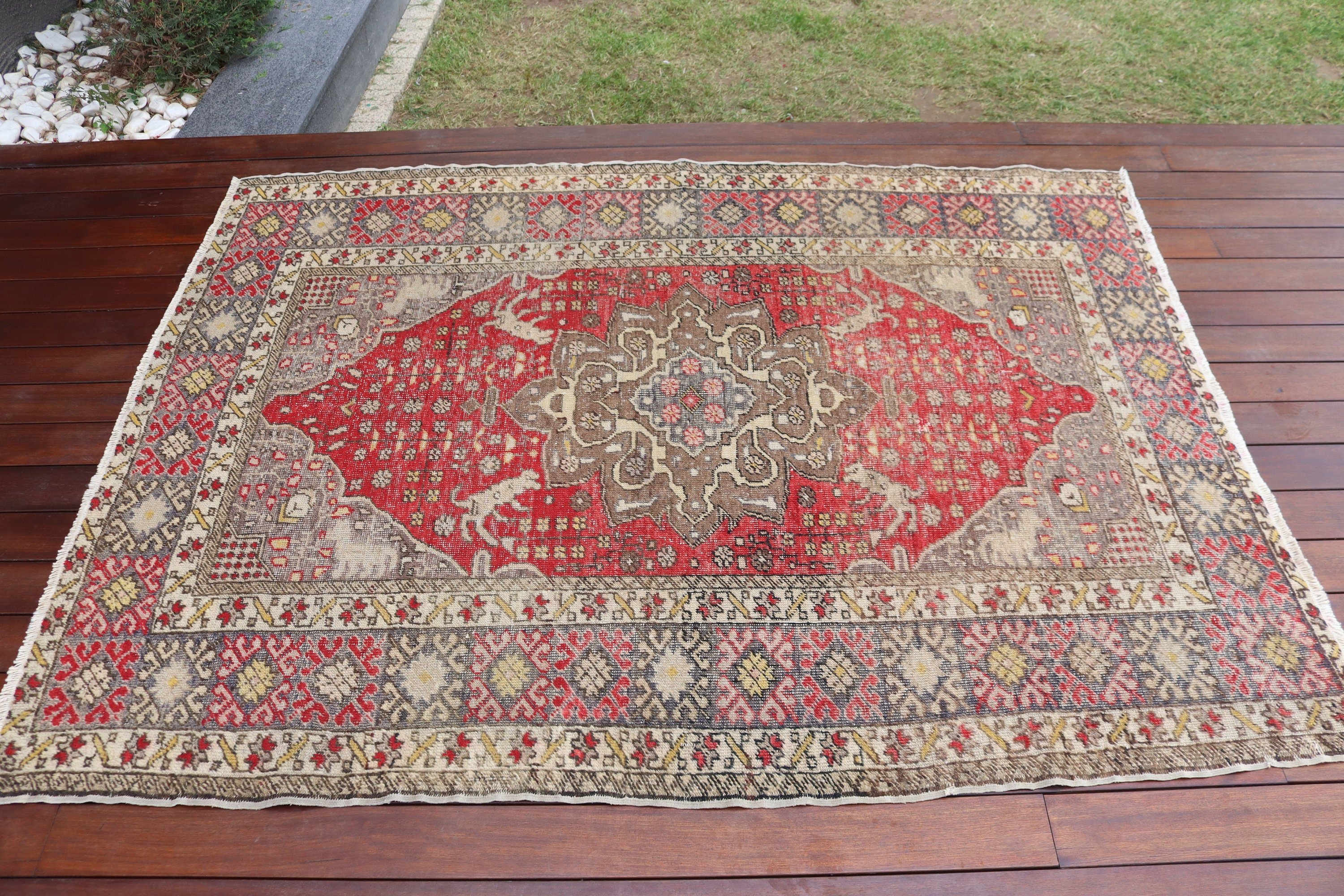 Rugs for Floor, Red Cool Rugs, Kitchen Rugs, Boho Area Rugs, Neutral Rug, Turkish Rug, Vintage Rug, 4.2x5.8 ft Area Rug, Outdoor Rug