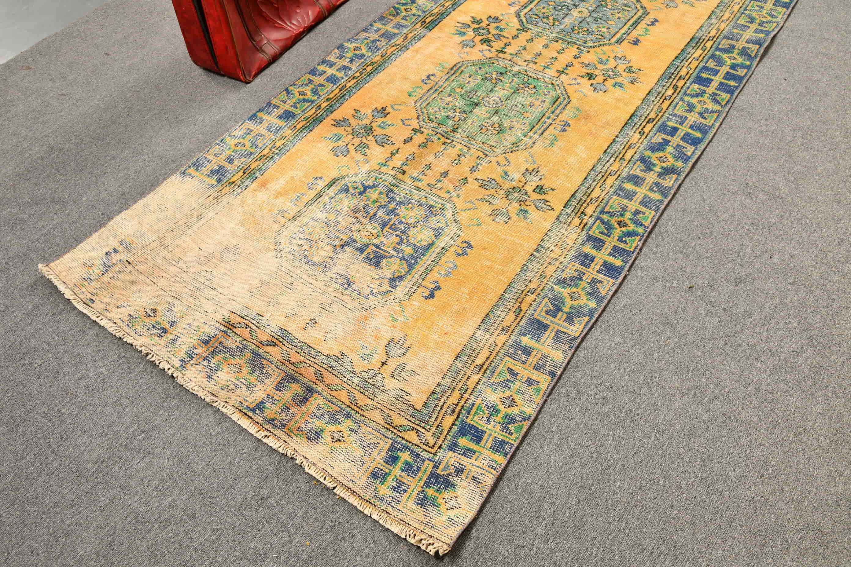 Vintage Rug, Retro Rug, 4.1x11.4 ft Runner Rug, Corridor Rug, Yellow Kitchen Rugs, Antique Rugs, Rugs for Corridor, Floor Rug, Turkish Rugs