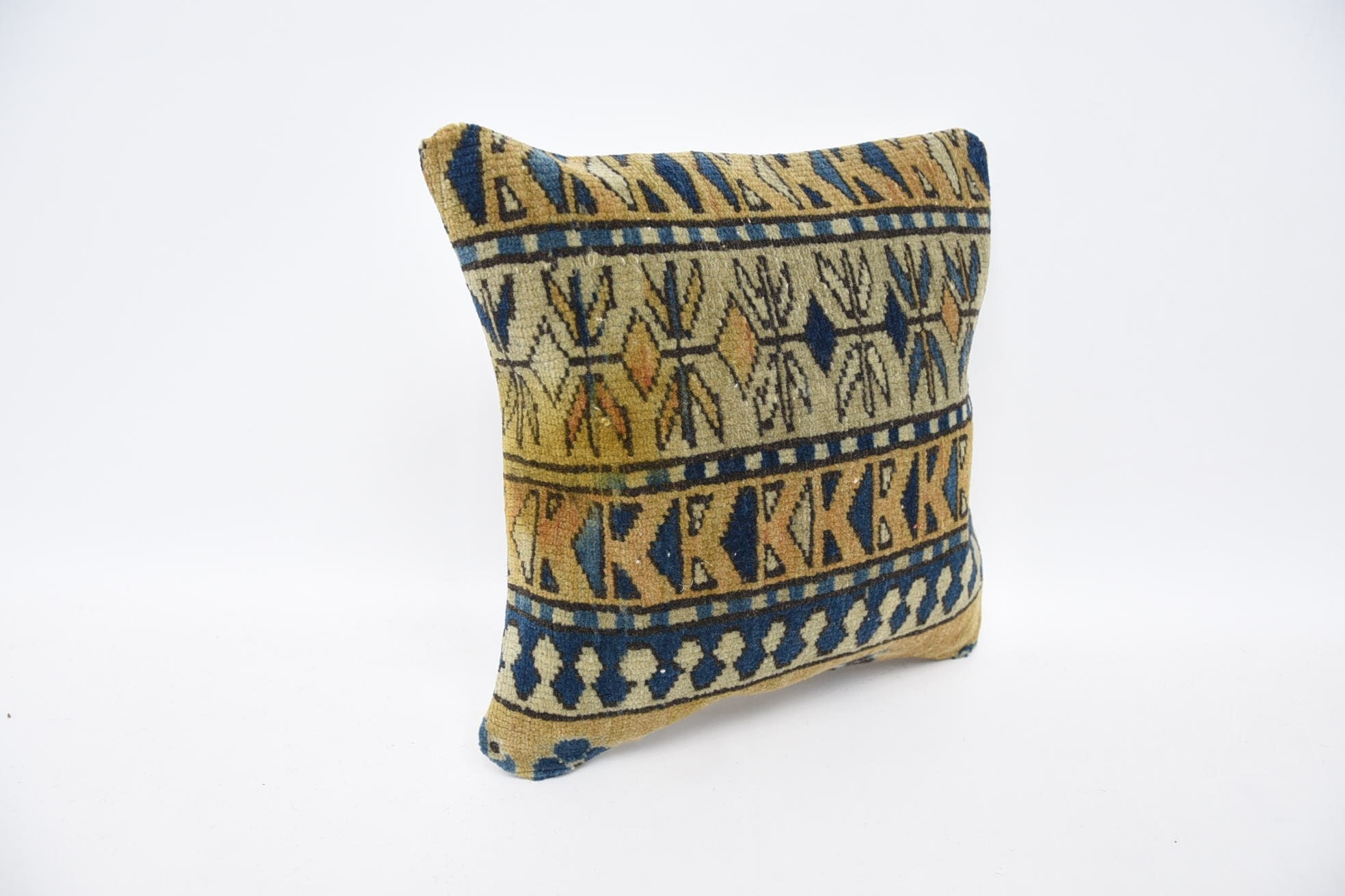 Kilim Pillow, Square Throw Cushion Cover, 12"x12" Yellow Cushion Cover, Pillow for Sofa, Floor Cushion Case, Pillow for Couch