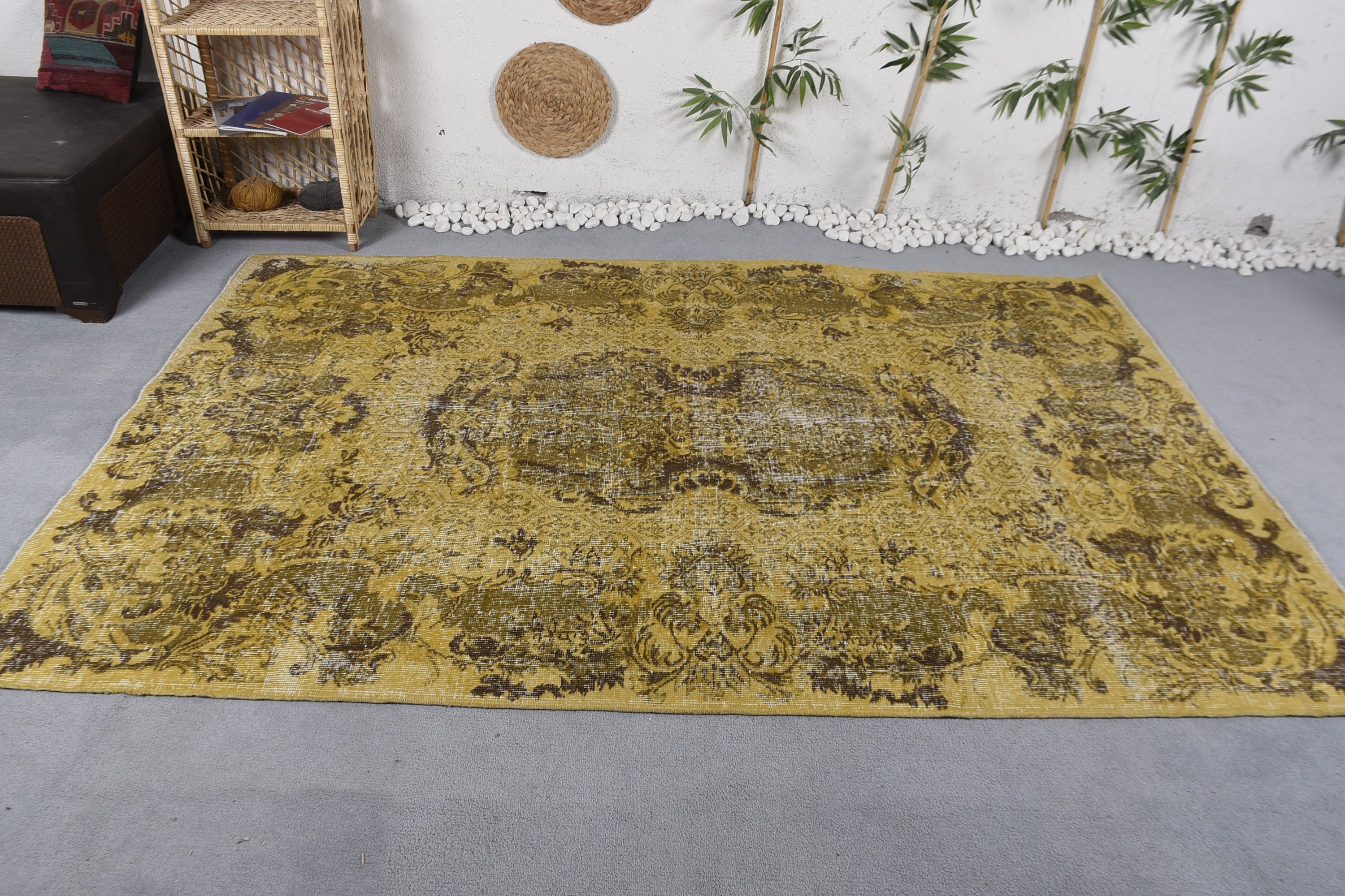 Yellow Kitchen Rug, Dining Room Rugs, Anatolian Rugs, Living Room Rugs, 5.8x8.6 ft Large Rug, Turkish Rug, Vintage Rugs