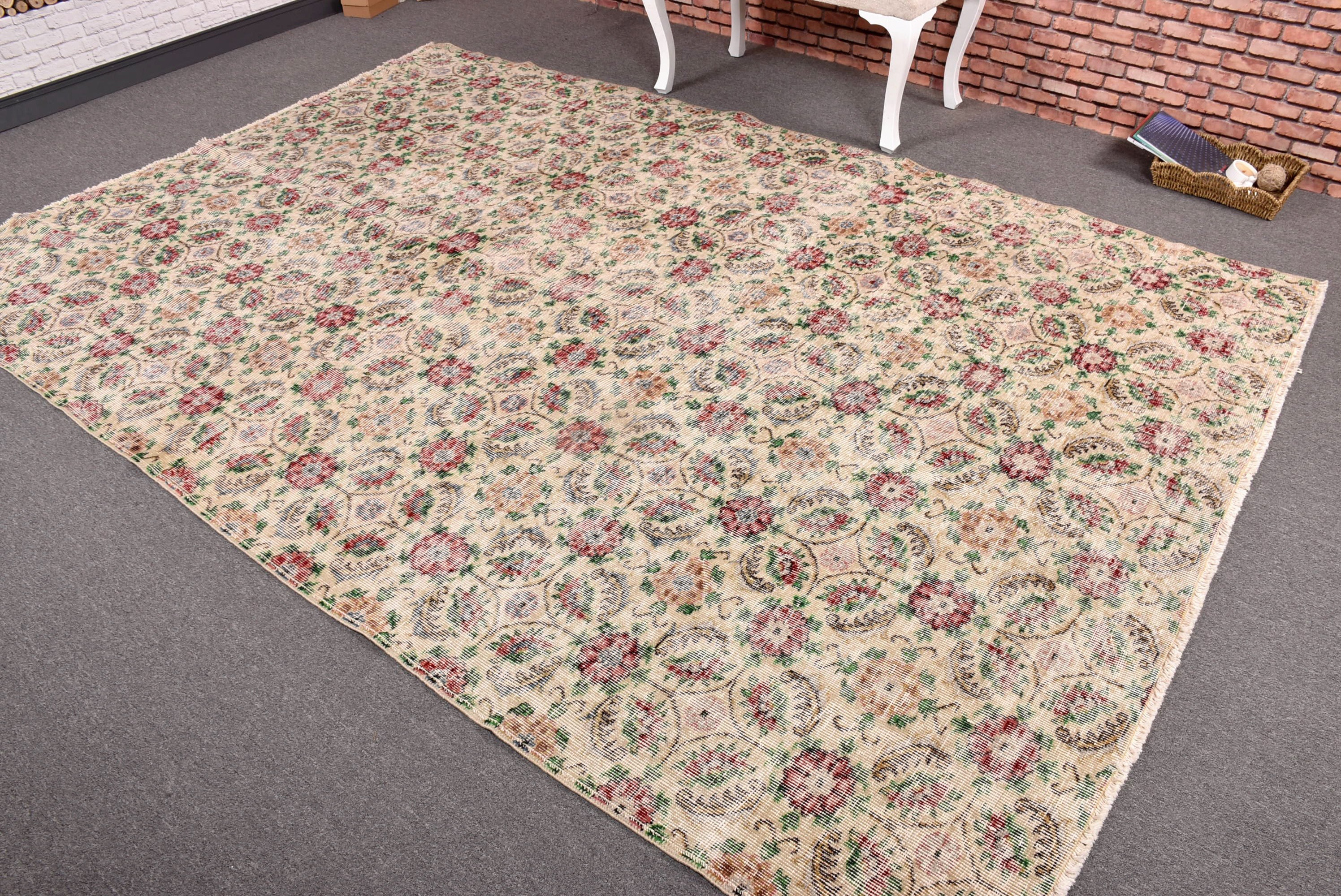 Anatolian Rugs, Vintage Rug, Oriental Rug, Beige Wool Rugs, Bedroom Rug, 6.8x9.8 ft Large Rug, Floor Rug, Turkish Rug, Dining Room Rugs