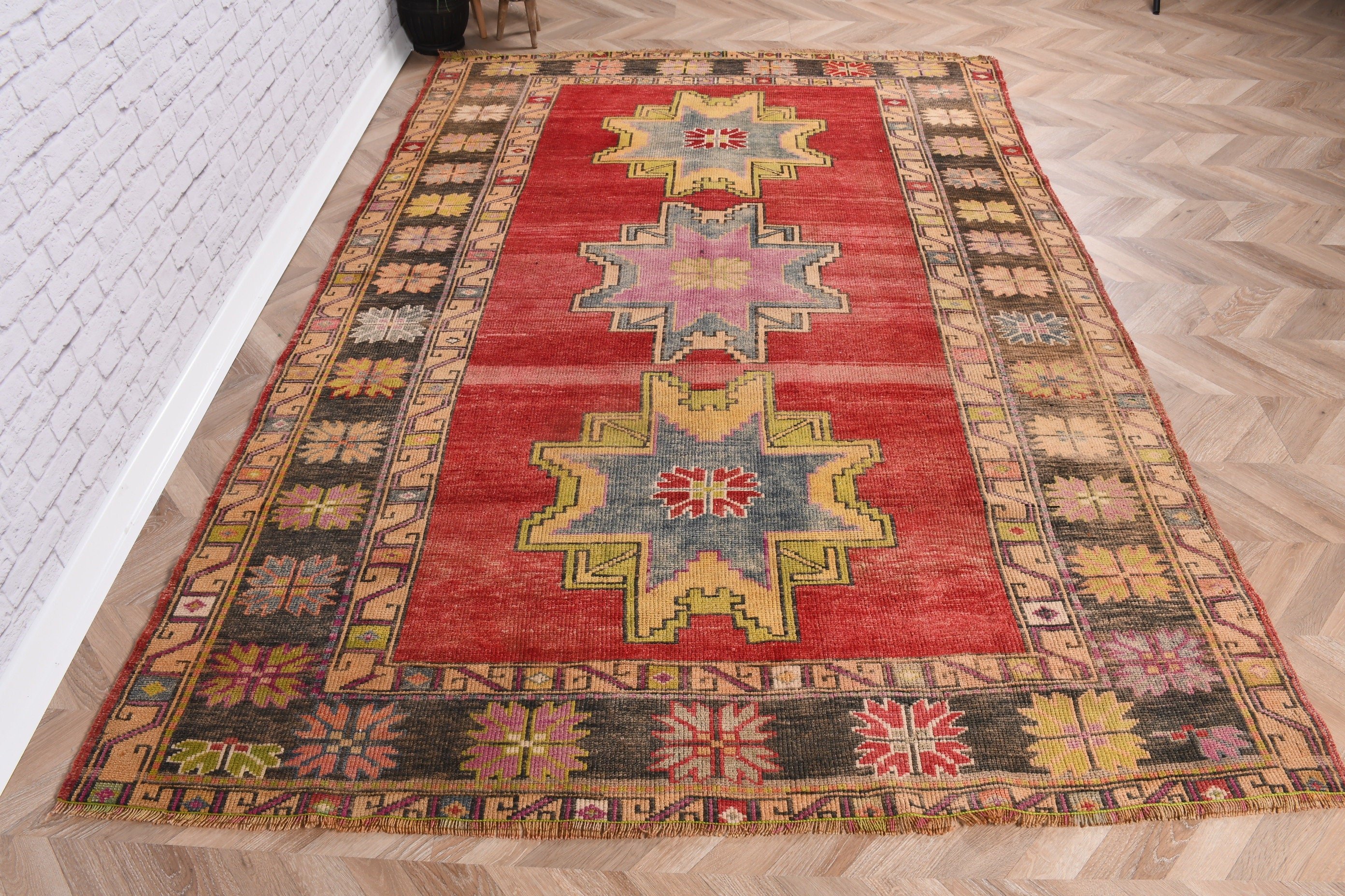 Fas Halısı, Ev Dekor Halısı, Vintage Halı, Türk Halıları, Kırmızı Yer Halıları, Bohem Halısı, Salon Halıları, 5.6x8 ft Büyük Halı, Yemek Odası Halıları