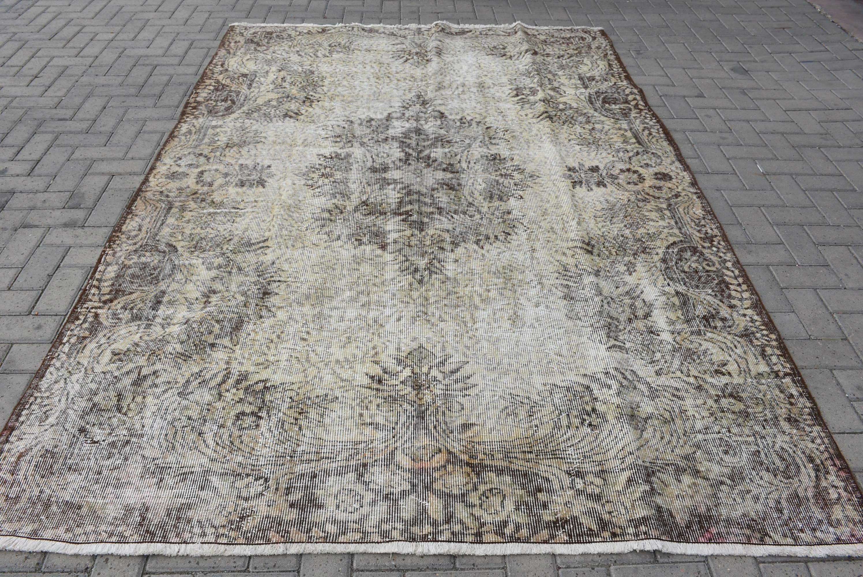 Vintage Halılar, Türk Halıları, 6.4x9.1 ft Büyük Halı, Salon Halısı, Oturma Odası Halıları, Sarı Soğuk Halılar, Düz Dokuma Halılar, Antika Halılar, Oushak Halı