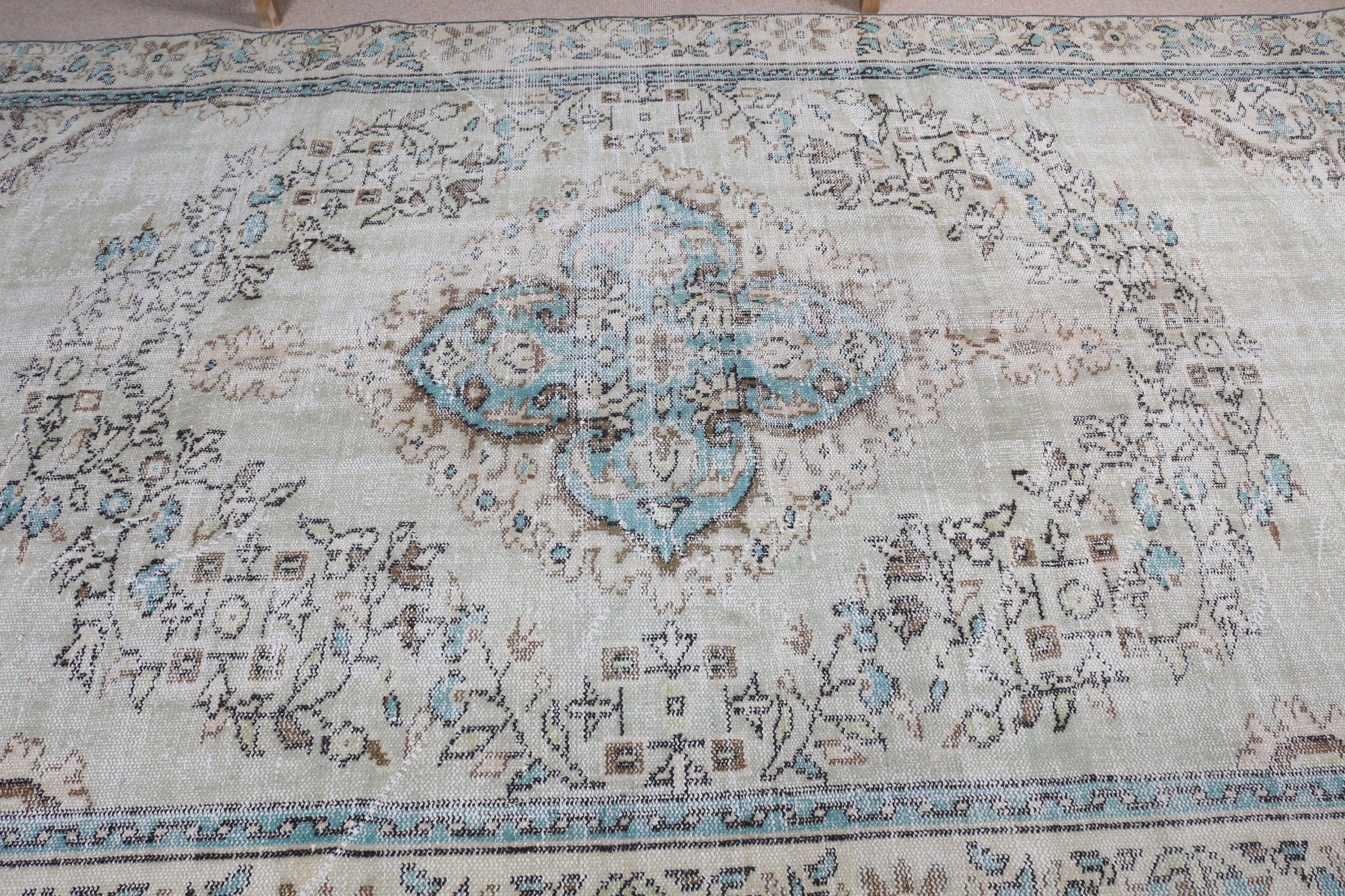 Salon Halısı, Yemek Odası Halısı, Mutfak Halısı, Türk Halıları, Soluk Halı, Yeşil Oushak Halısı, 5.9x9.7 ft Büyük Halılar, Vintage Halı