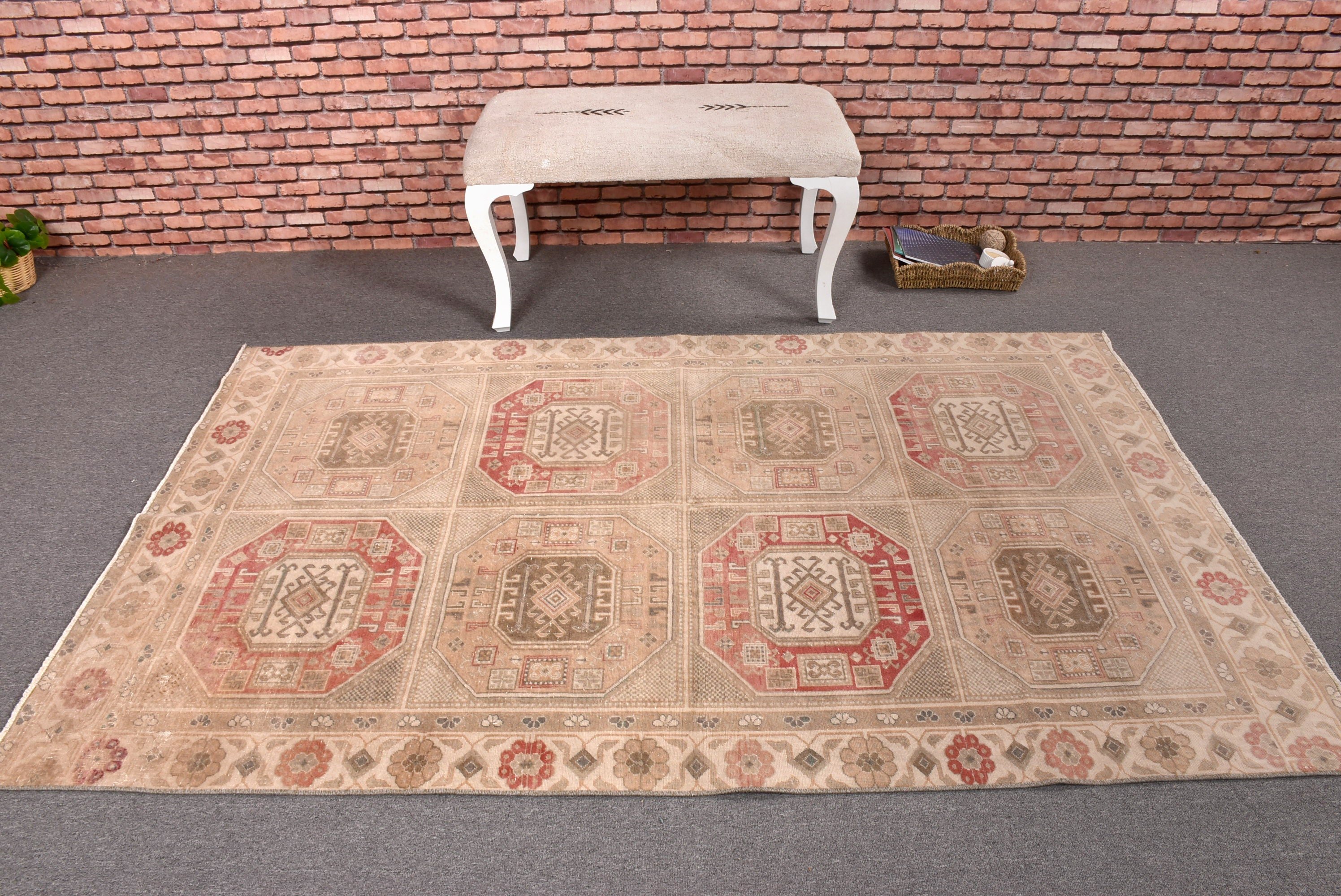 Turkish Rug, Kitchen Rugs, Rugs for Kitchen, Beige Geometric Rug, Vintage Rug, Home Decor Rugs, Turkey Rugs, 4.4x7 ft Area Rug, Bedroom Rug