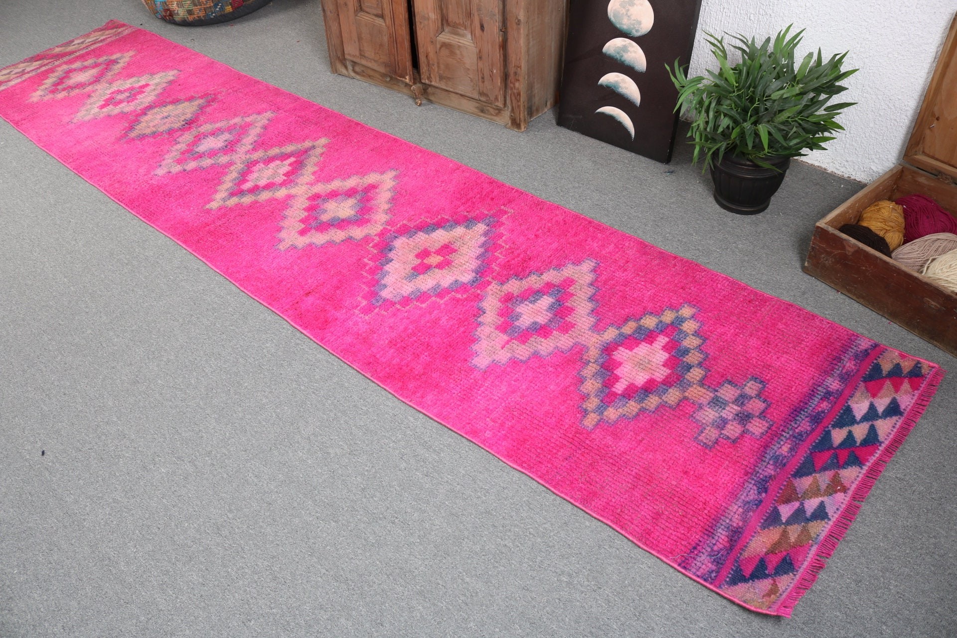 Vintage Halı, 2.5x11.5 ft Runner Halı, Türk Halıları, Düz Dokuma Halılar, Pembe Ev Dekor Halıları, Vintage Runner Halı, Koridor Halıları, Yer Halısı