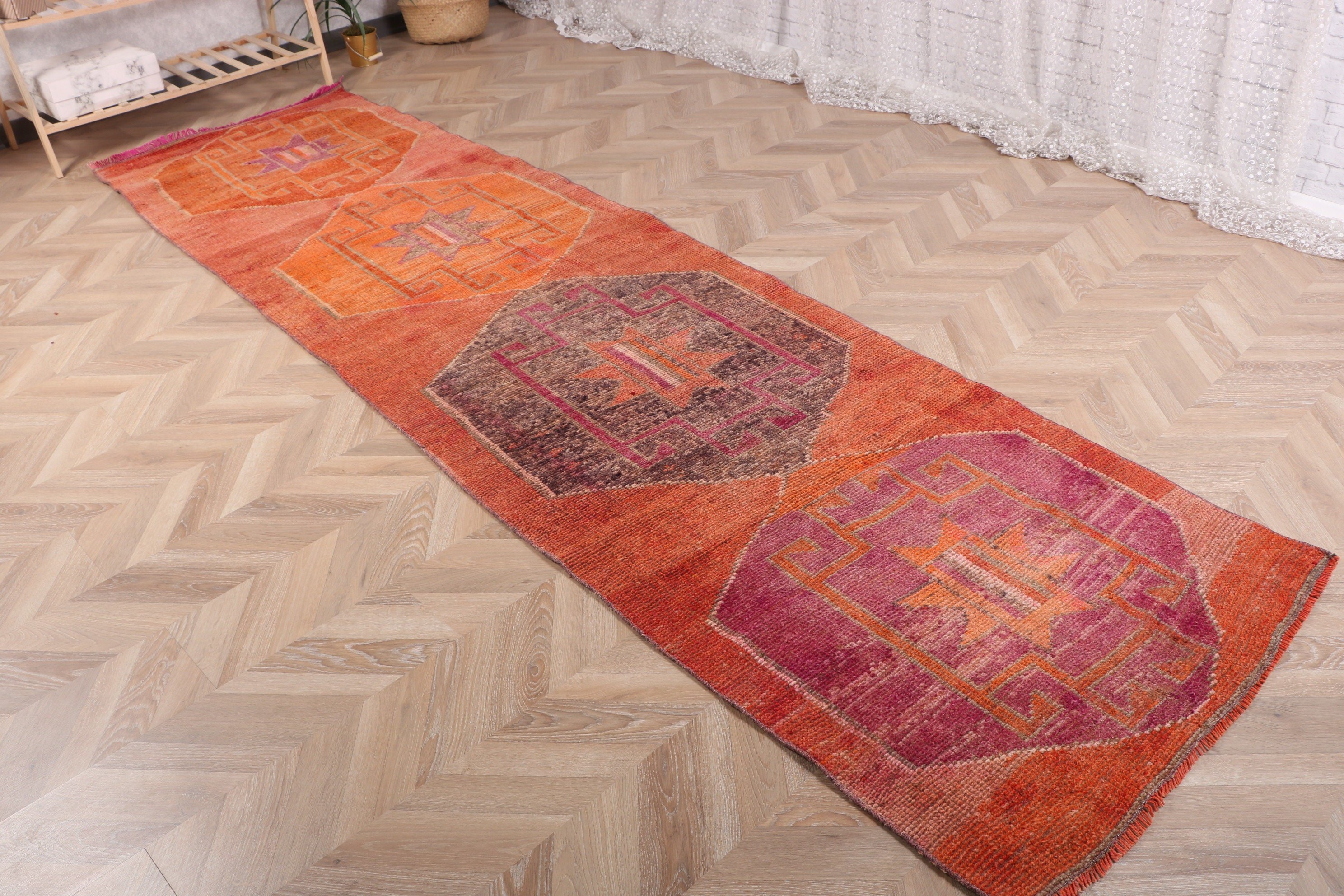 Oushak Halı, Havalı Halı, Boho Halı, Türk Halıları, Uzun Yolluk Halıları, Turuncu 3,1x11,3 ft Koşucu Halısı, Vintage Halı, Merdiven Halıları