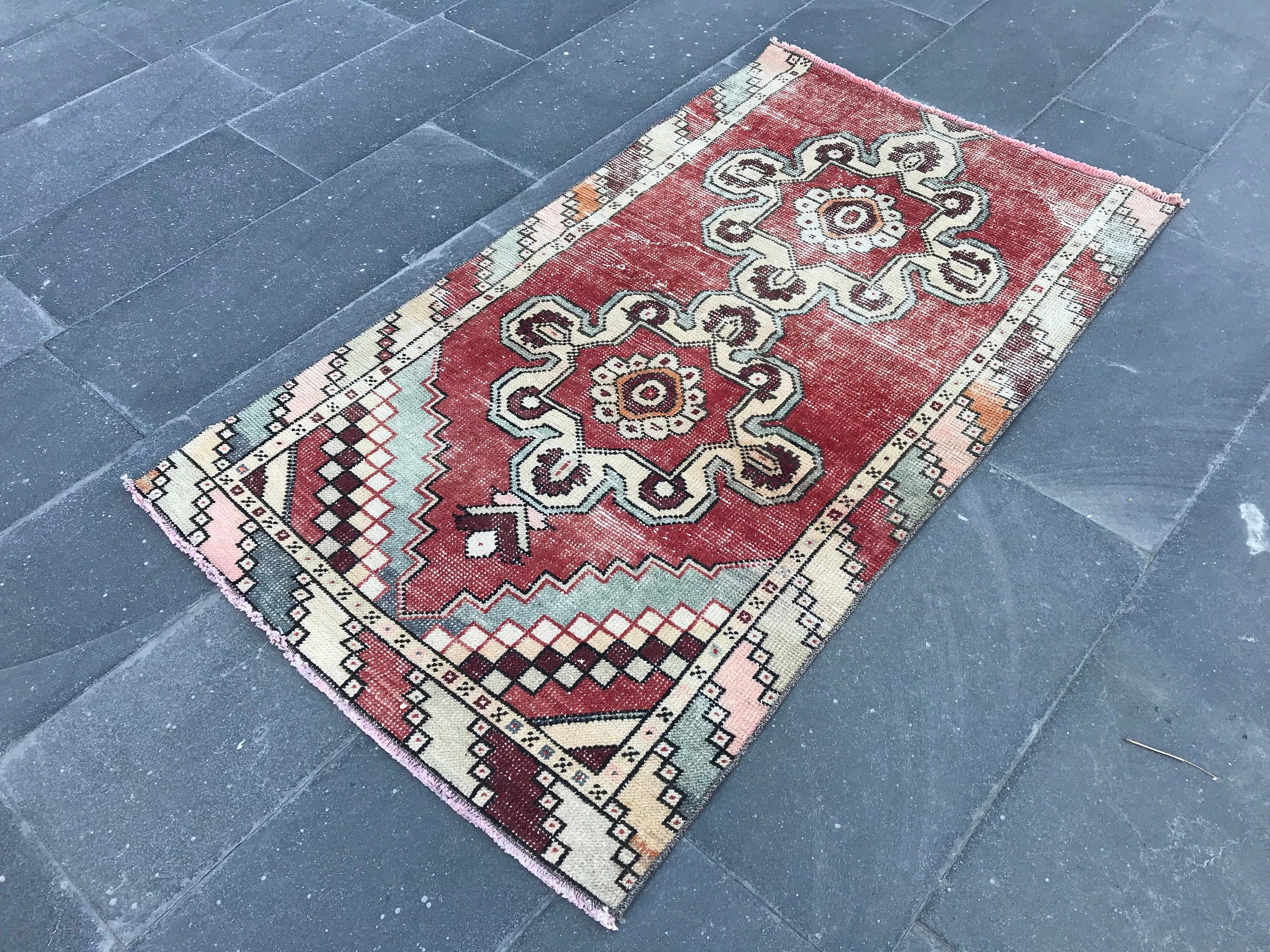 Red Oriental Rug, Nursery Rug, Floor Rug, Vintage Rug, Rugs for Kitchen, 2.9x5.1 ft Small Rug, Bathroom Rug, Turkish Rug