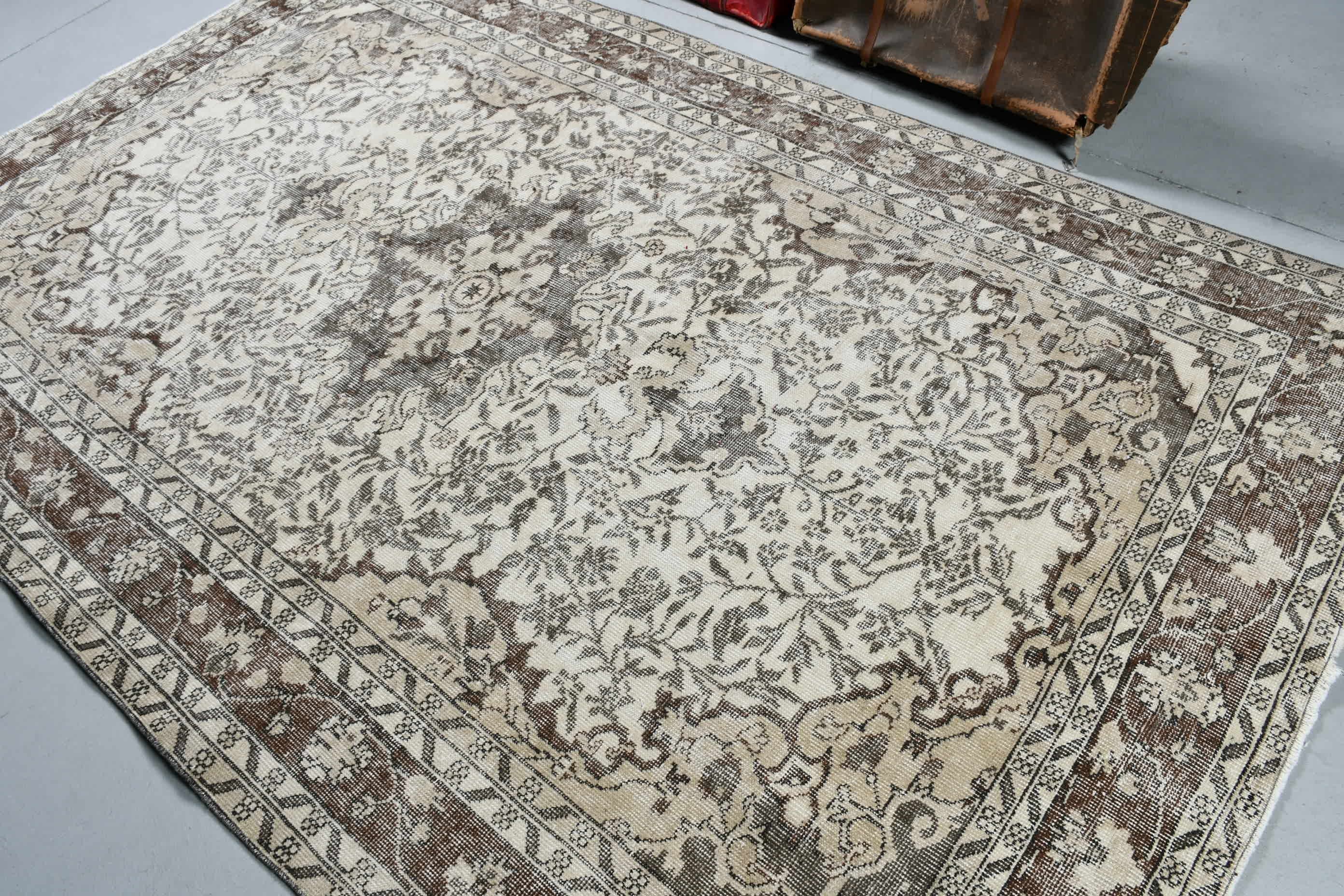 Yer Halısı, Vintage Halı, Bej Zemin Halısı, Soluk Halılar, Salon Halıları, Yurt Halısı, 5,7x9,2 ft Büyük Halı, Yemek Odası Halıları, Antika Halı, Türk Halısı