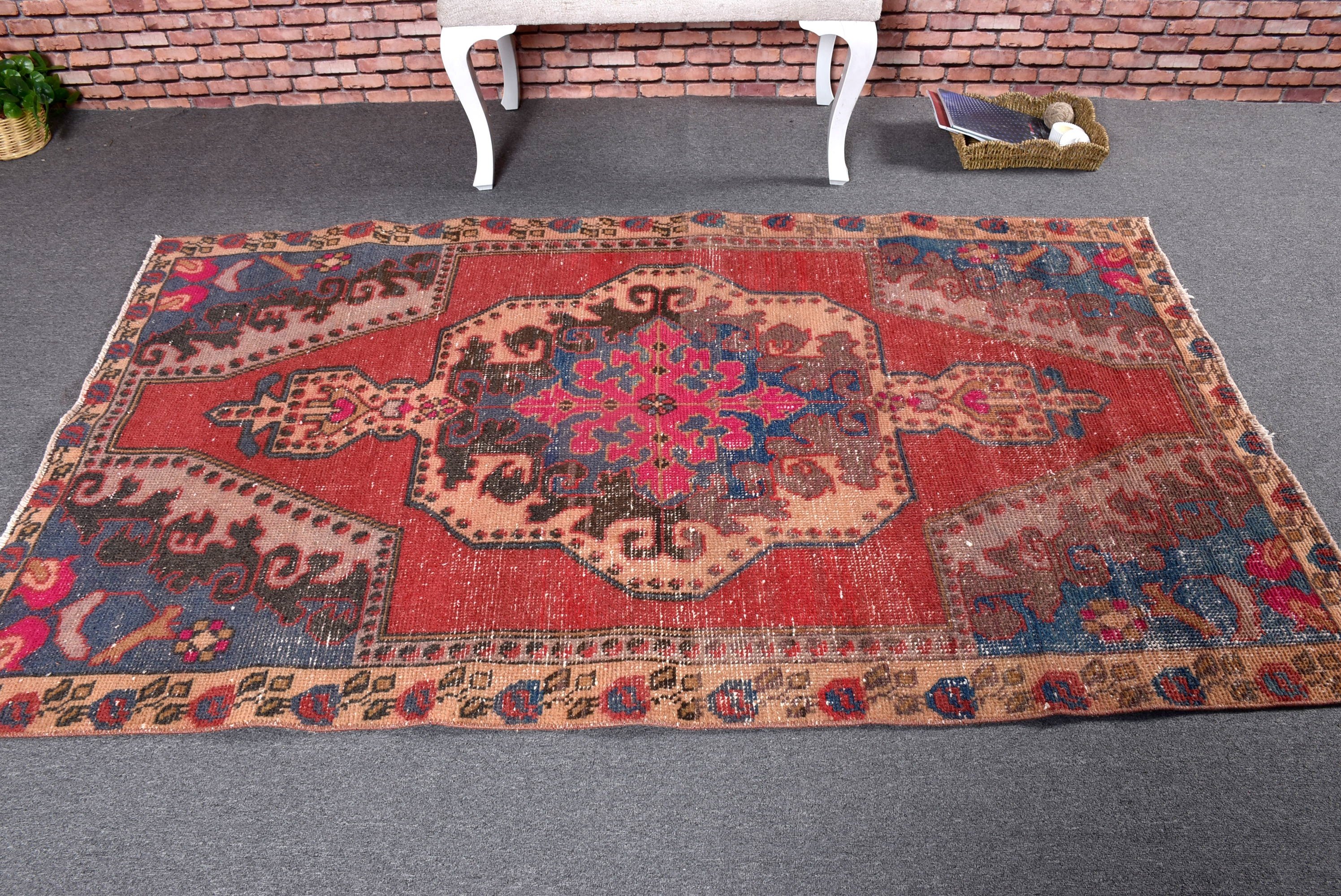 Vintage Rug, Turkish Rugs, Red Antique Rug, Vintage Area Rug, Turkey Rugs, Dining Room Rug, 4.1x7.1 ft Area Rug, Antique Rug, Modern Rug