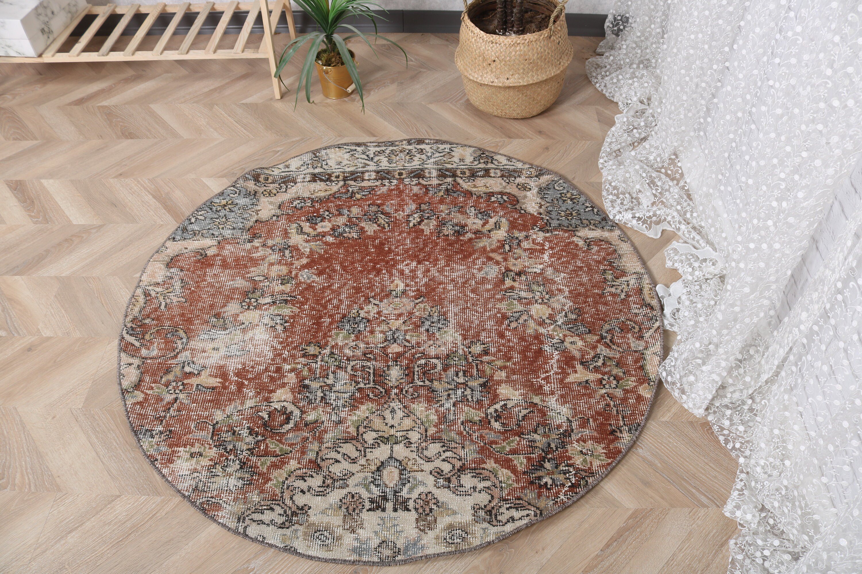 Geometrik Halı, Dekoratif Halı, Türk Halıları, Vintage Vurgulu Halılar, Nötr Halılar, 4.1x4.1 ft Vurgulu Halılar, Vintage Halı, Bej Oushak Halı