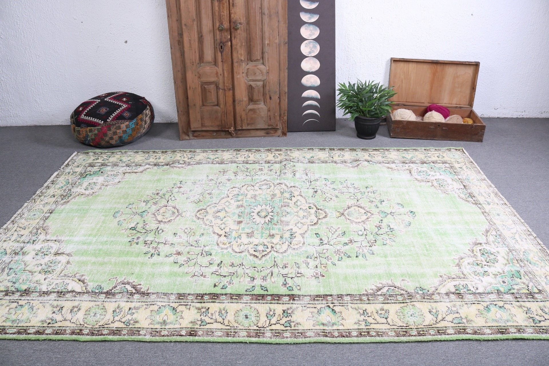 Salon Halısı, Türk Halısı, Yeşil Açıklama Halısı, Ev Dekorasyonu Halıları, Egzotik Halı, Oryantal Halı, 6.2x9.6 ft Büyük Halı, Vintage Halı, Oturma Odası Halıları