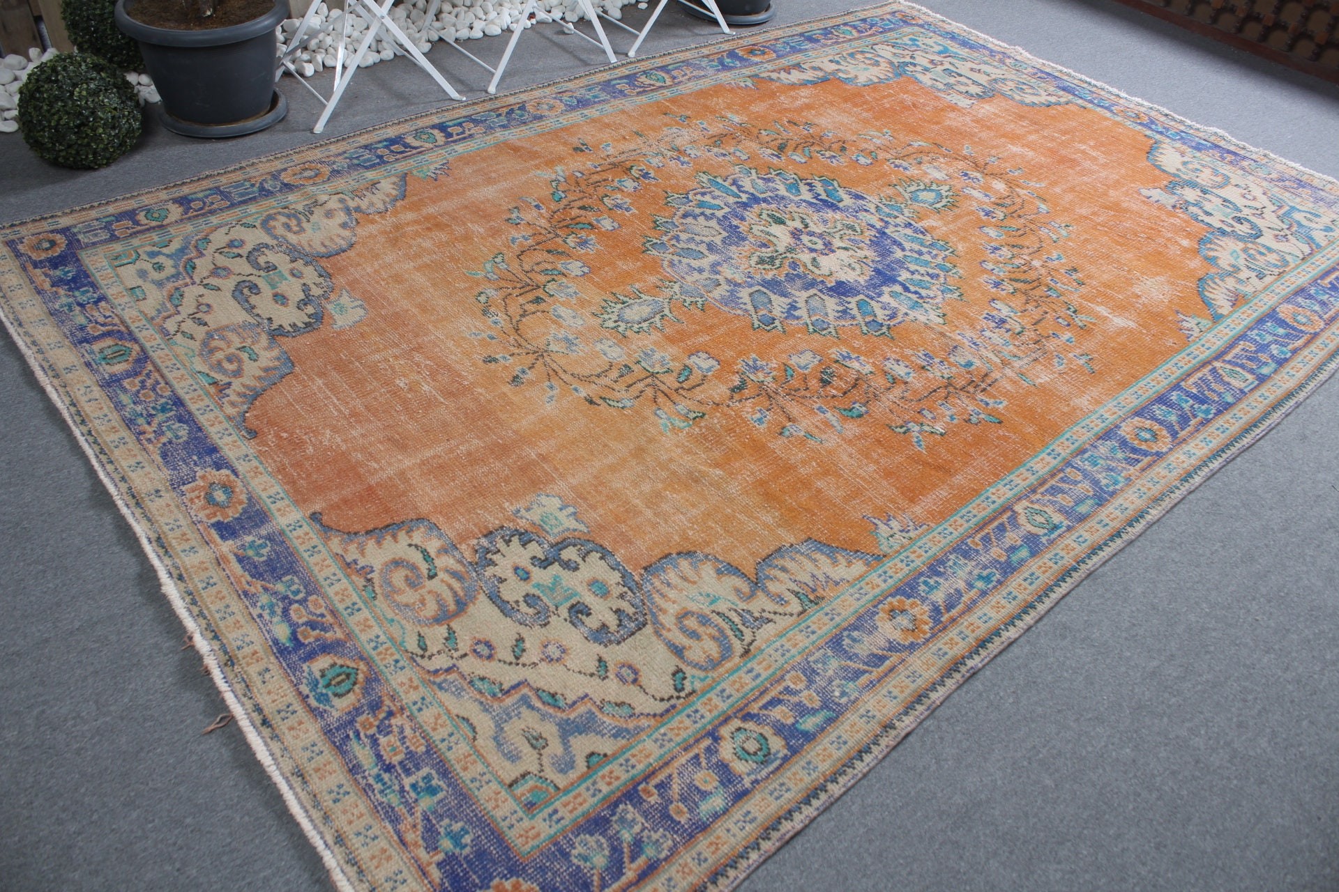 Kitchen Rug, Orange Oriental Rug, Turkish Rugs, Vintage Rug, Living Room Rugs, Antique Rug, 6.8x10.3 ft Oversize Rug, Dining Room Rug