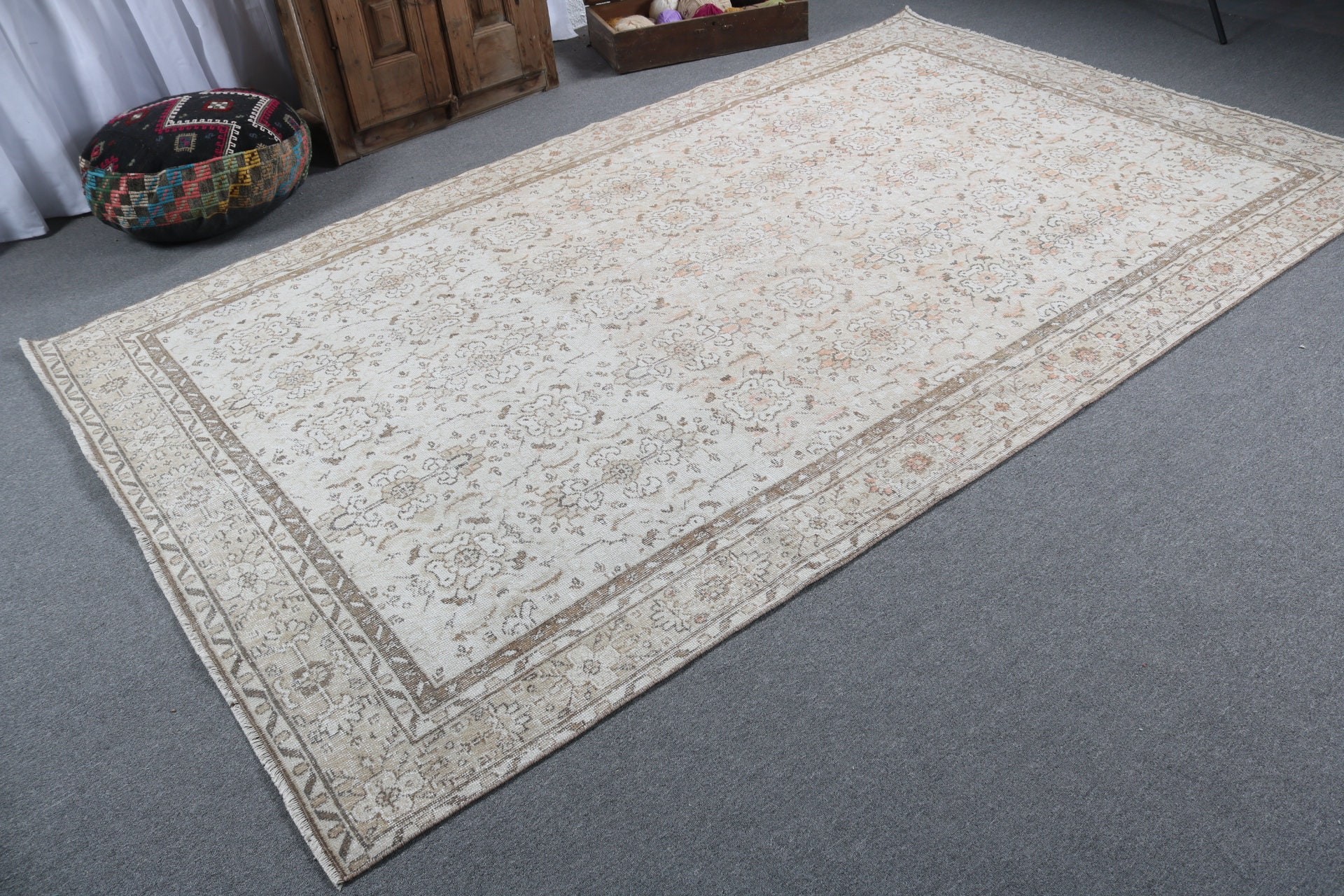 Türk Halısı, 6.3x10.5 ft Büyük Halılar, Büyük Oushak Halıları, Mutfak Halıları, Büyük Vintage Halı, Bej Yün Halı, Anadolu Halıları, Vintage Halı