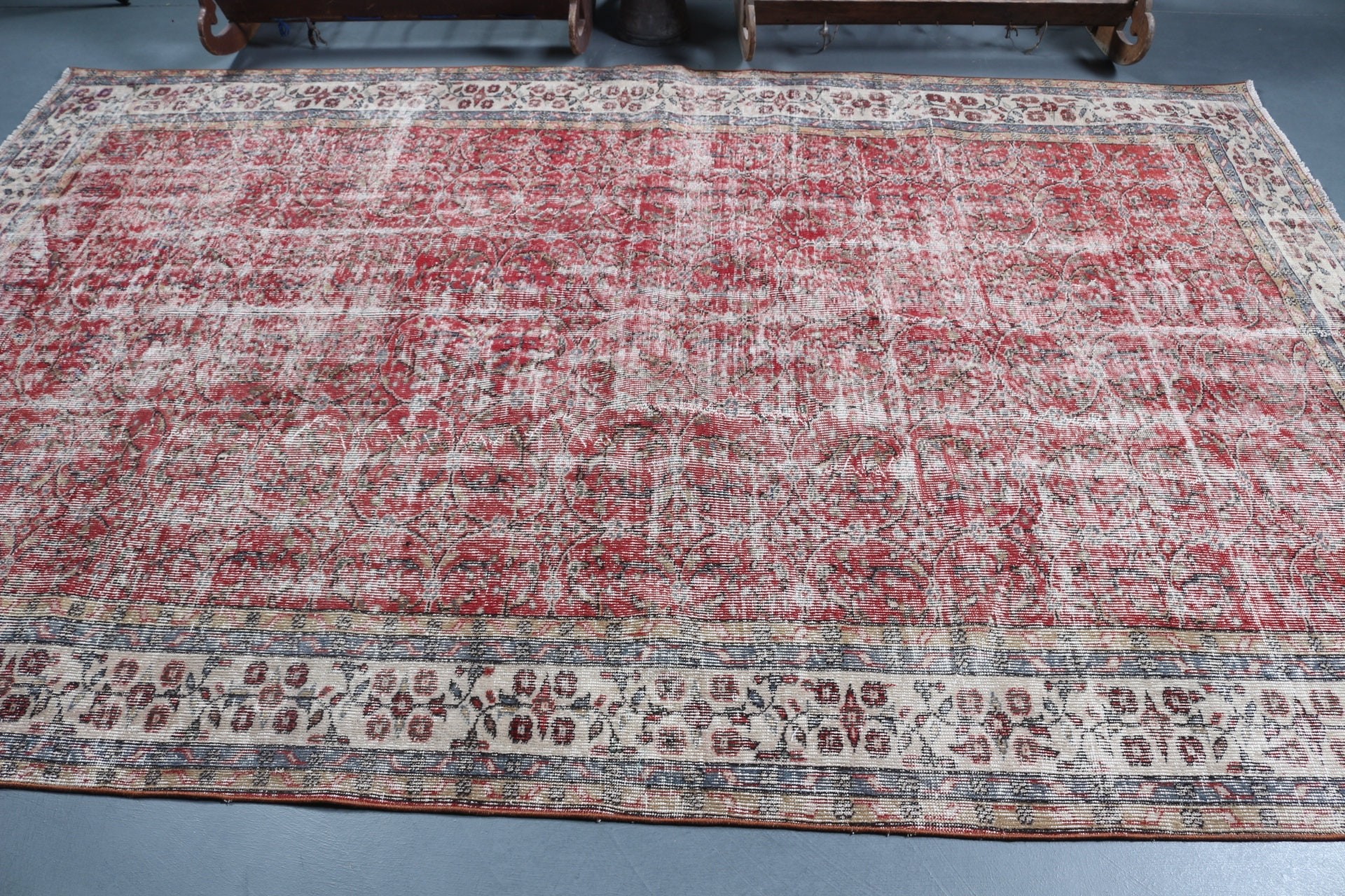 Mutfak Halısı, Oturma Odası Halıları, Türk Halısı, 6.6x10 ft Büyük Halılar, Vintage Dekor Halısı, Kırmızı Mutfak Halısı, Salon Halıları, Oushak Halısı, Vintage Halı