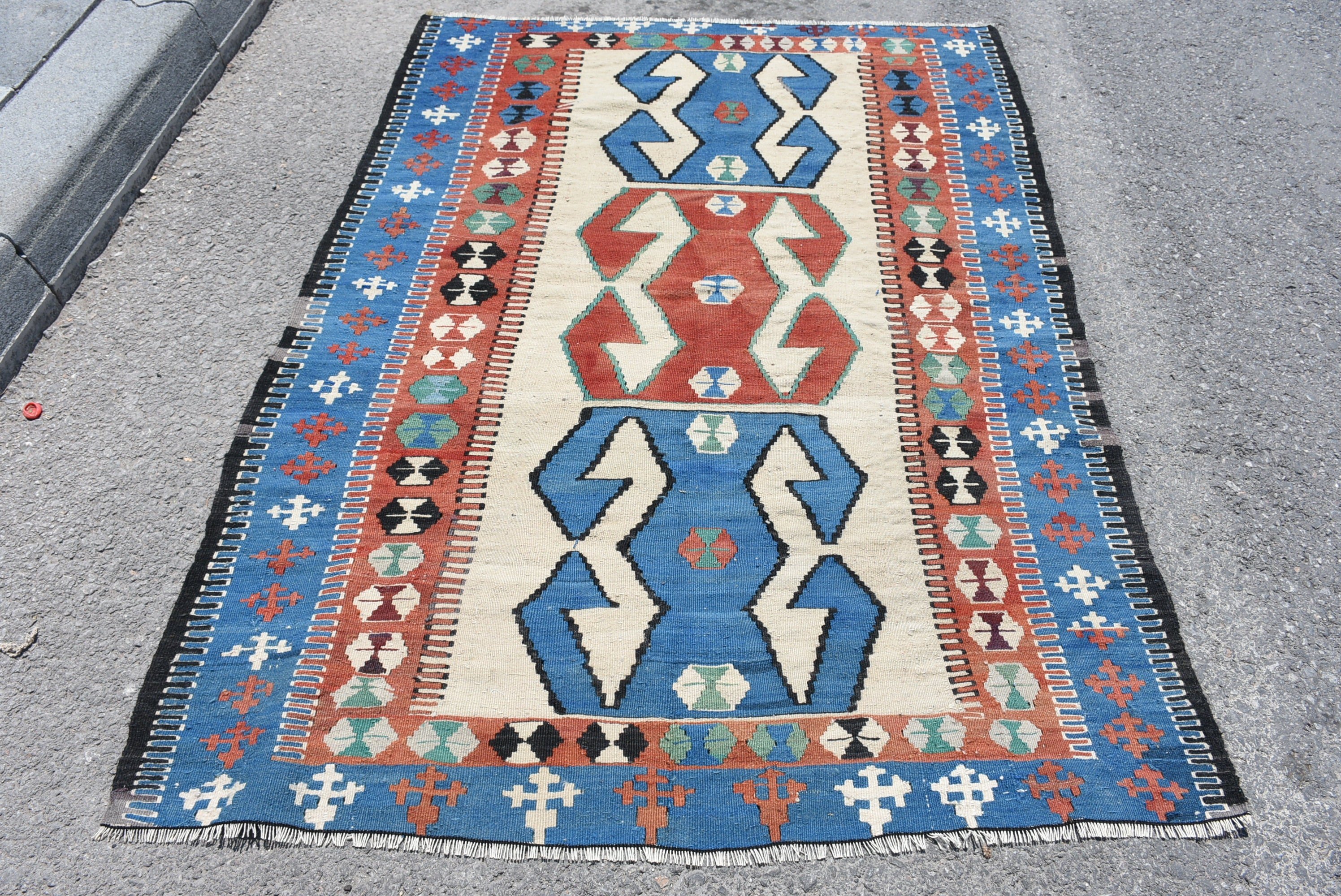 Floor Rugs, Blue Oushak Rug, Rugs for Nursery, Dining Room Rug, Vintage Rugs, Anatolian Rug, Turkish Rugs, 4.6x6.3 ft Area Rug, Kilim