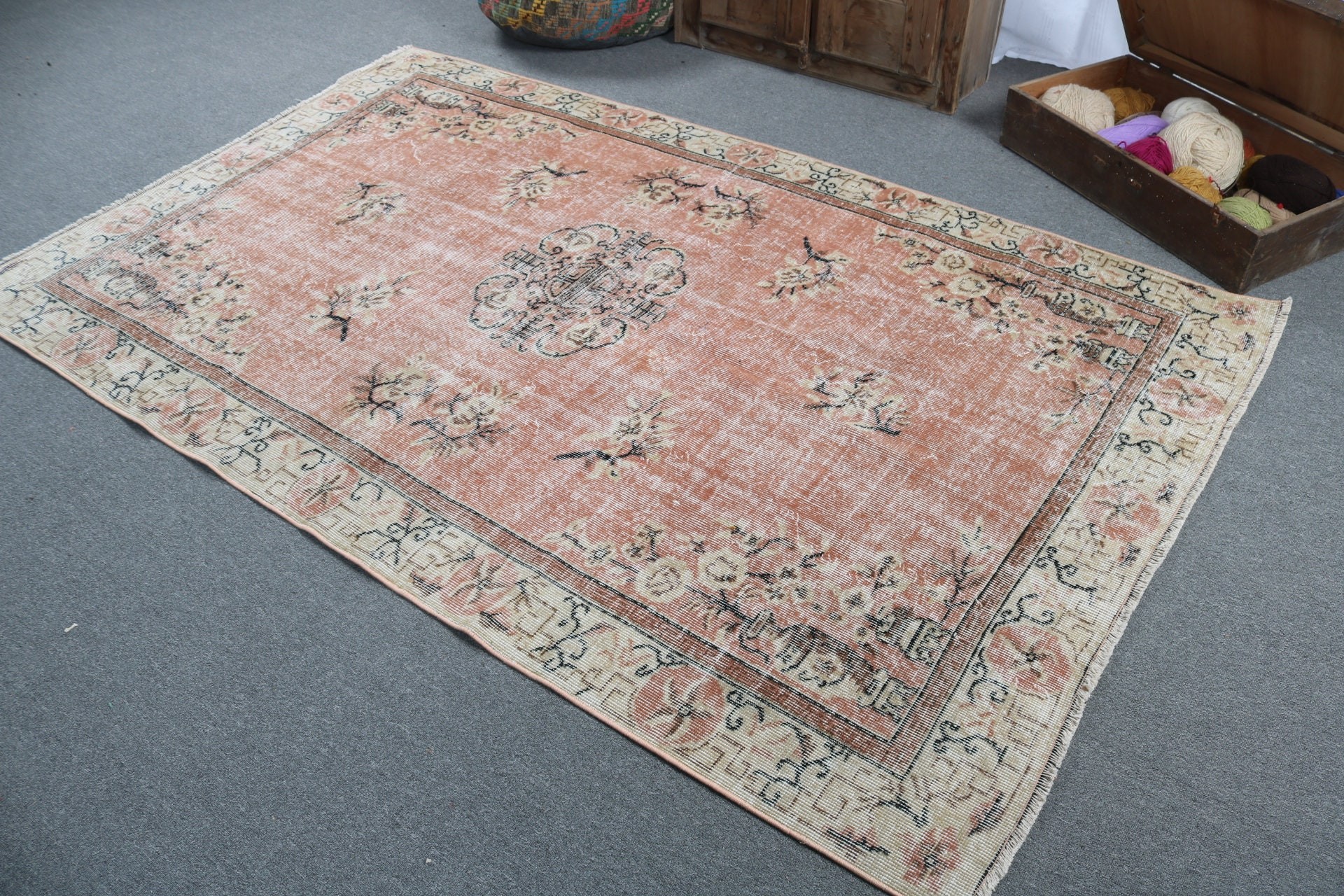 Vintage Halı, Boho Halı, Oushak Bölge Halıları, Kahverengi El Dokuma Halı, Yemek Odası Halıları, 4.8x7.9 ft Alan Halıları, Geometrik Halılar, Türk Halısı