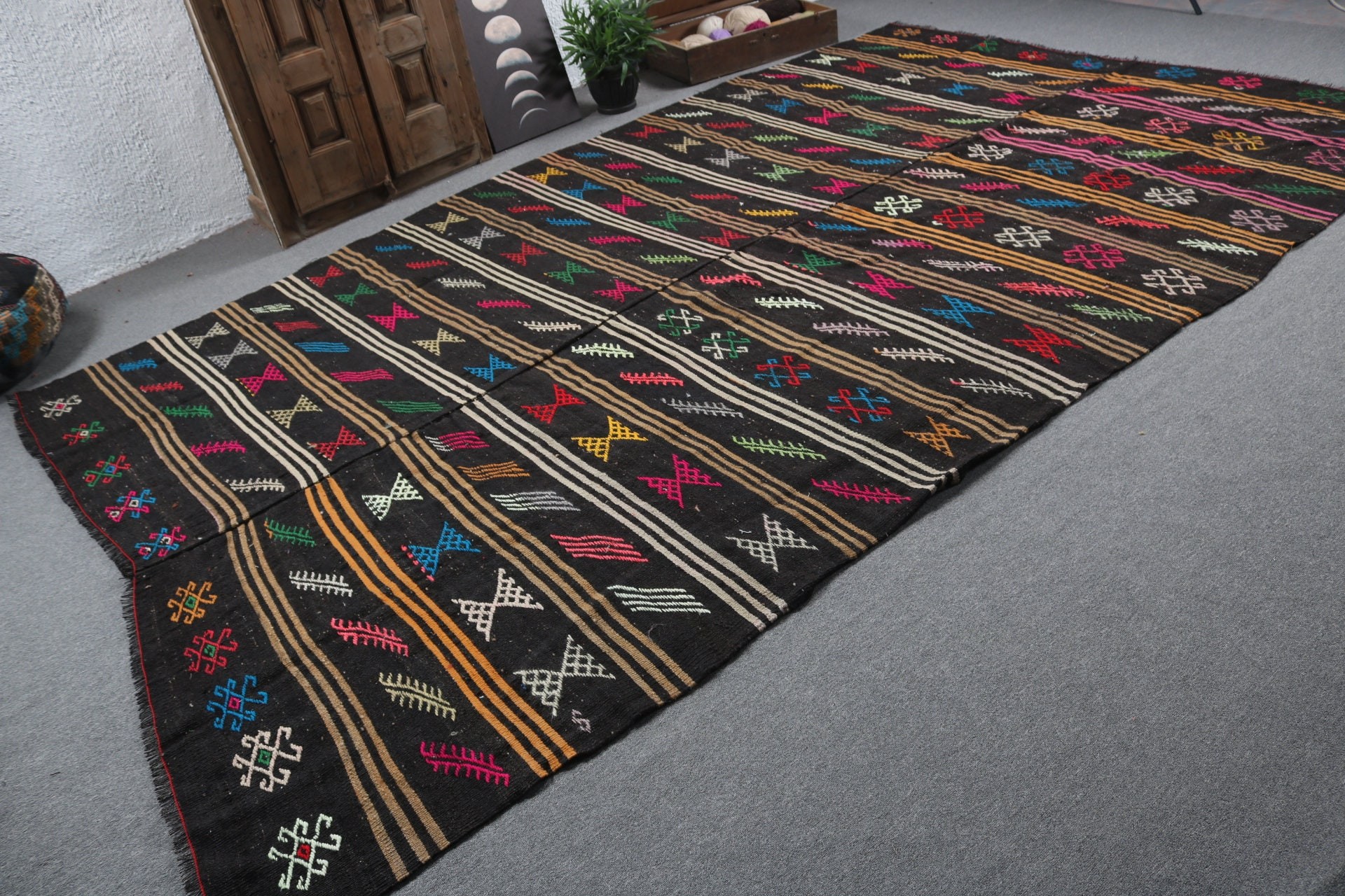 7.3x12.2 ft Büyük Boy Halı, Vintage Halılar, Kilim, Açıklama Halısı, Dış Mekan Halısı, Türk Halıları, Salon Halıları, Siyah Geometrik Halılar, Antika Halılar