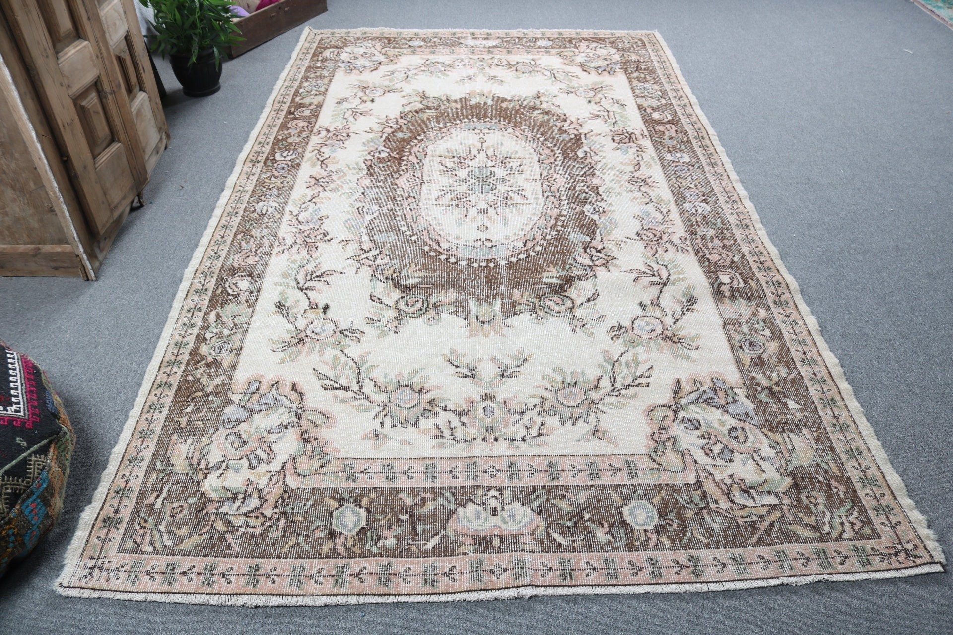 Vintage Halılar, Lüks Halılar, Vintage Dekor Halılar, Bej Boho Halı, 5,7x9,7 ft Büyük Halı, Havalı Halı, Türk Halıları, Büyük Vintage Halı, Salon Halıları