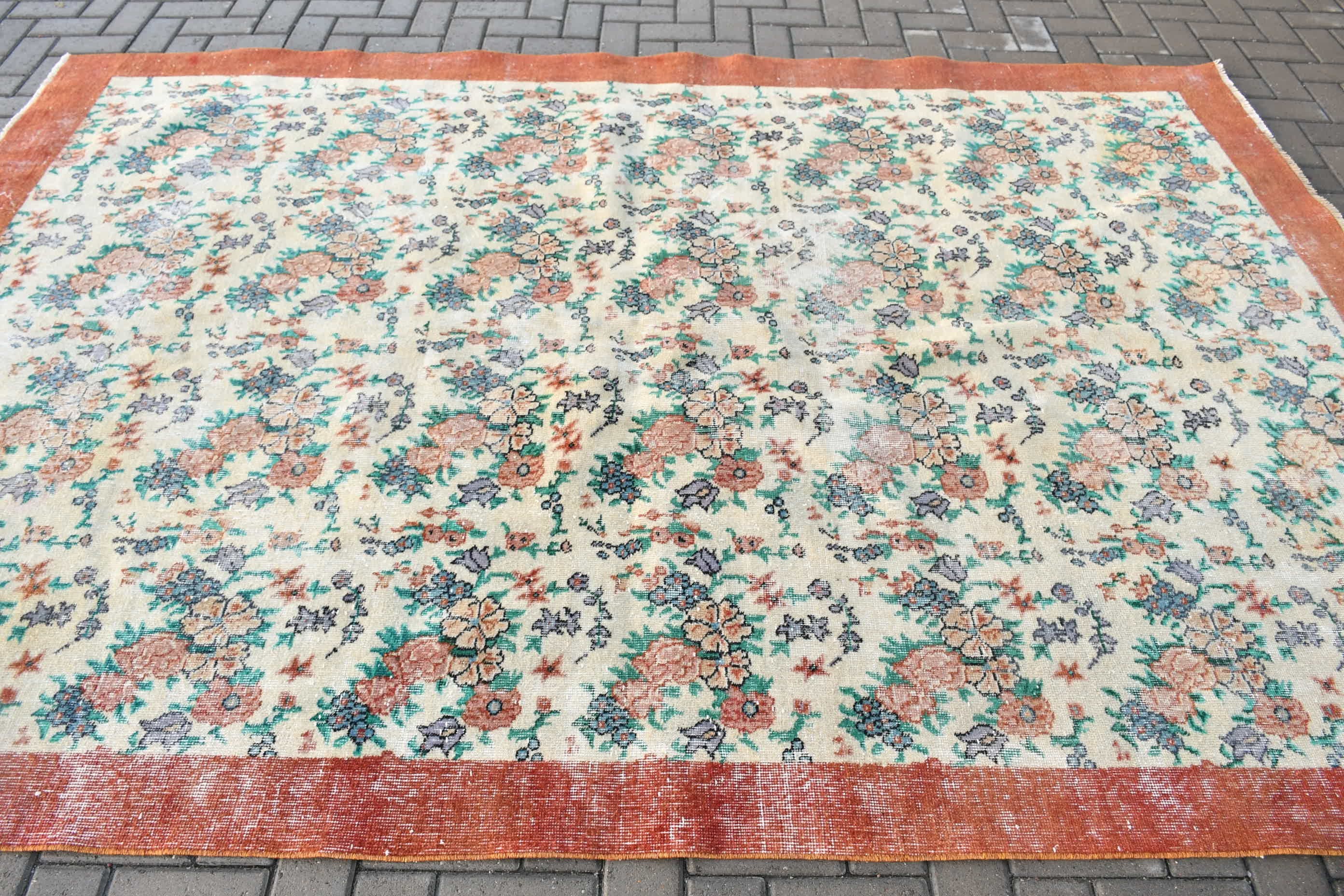 Pastel Rug, Kitchen Rugs, Antique Rug, Salon Rug, Turkish Rug, Vintage Rugs, 6.7x9.9 ft Large Rugs, Beige Oriental Rug, Dining Room Rugs