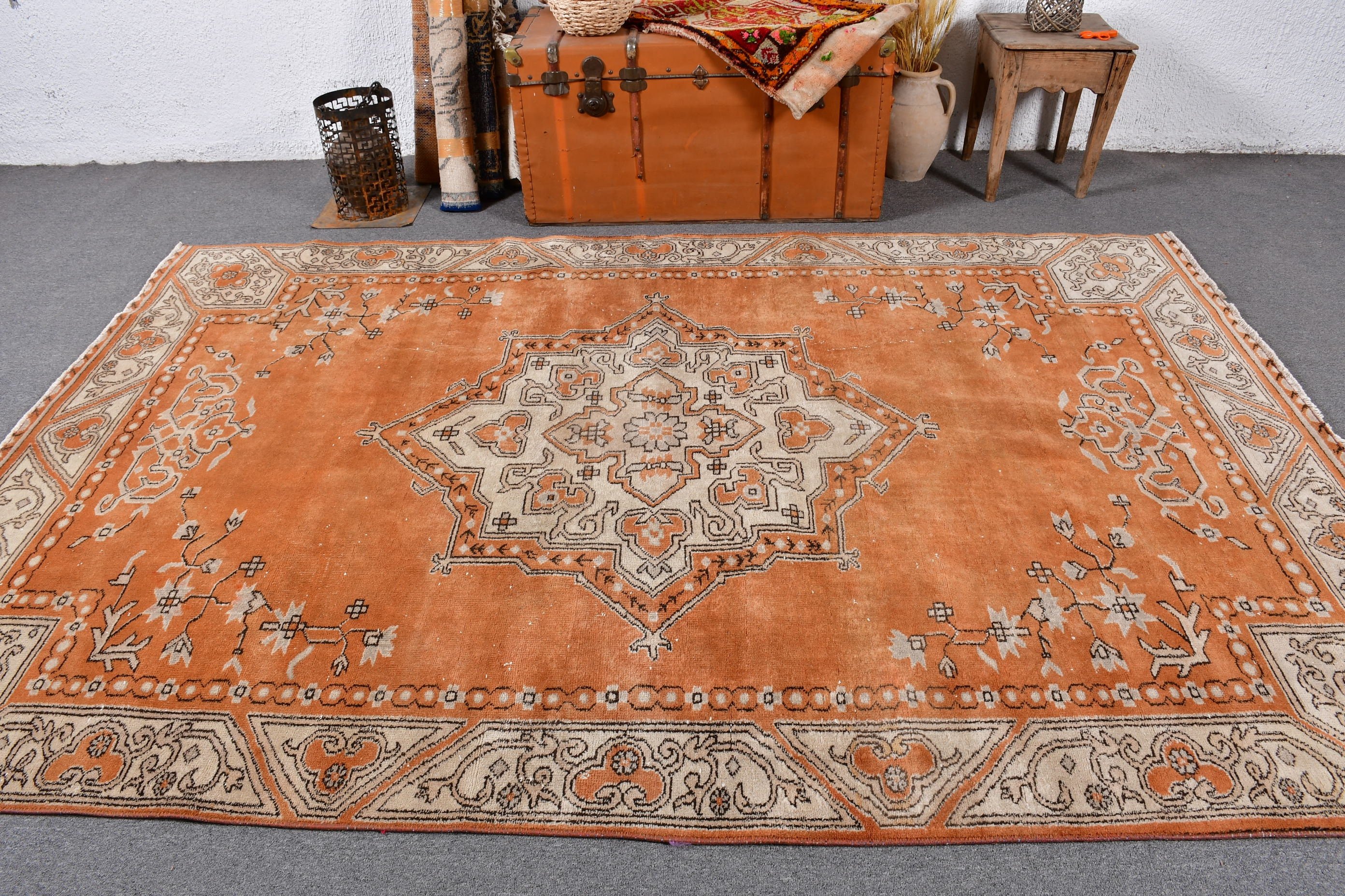 Turuncu Düz Dokuma Halılar, Büyük Vintage Halılar, Türk Halıları, Antika Halılar, El Dokuma Halılar, 6x9 ft Büyük Halılar, Büyük Boho Halılar, Vintage Halı