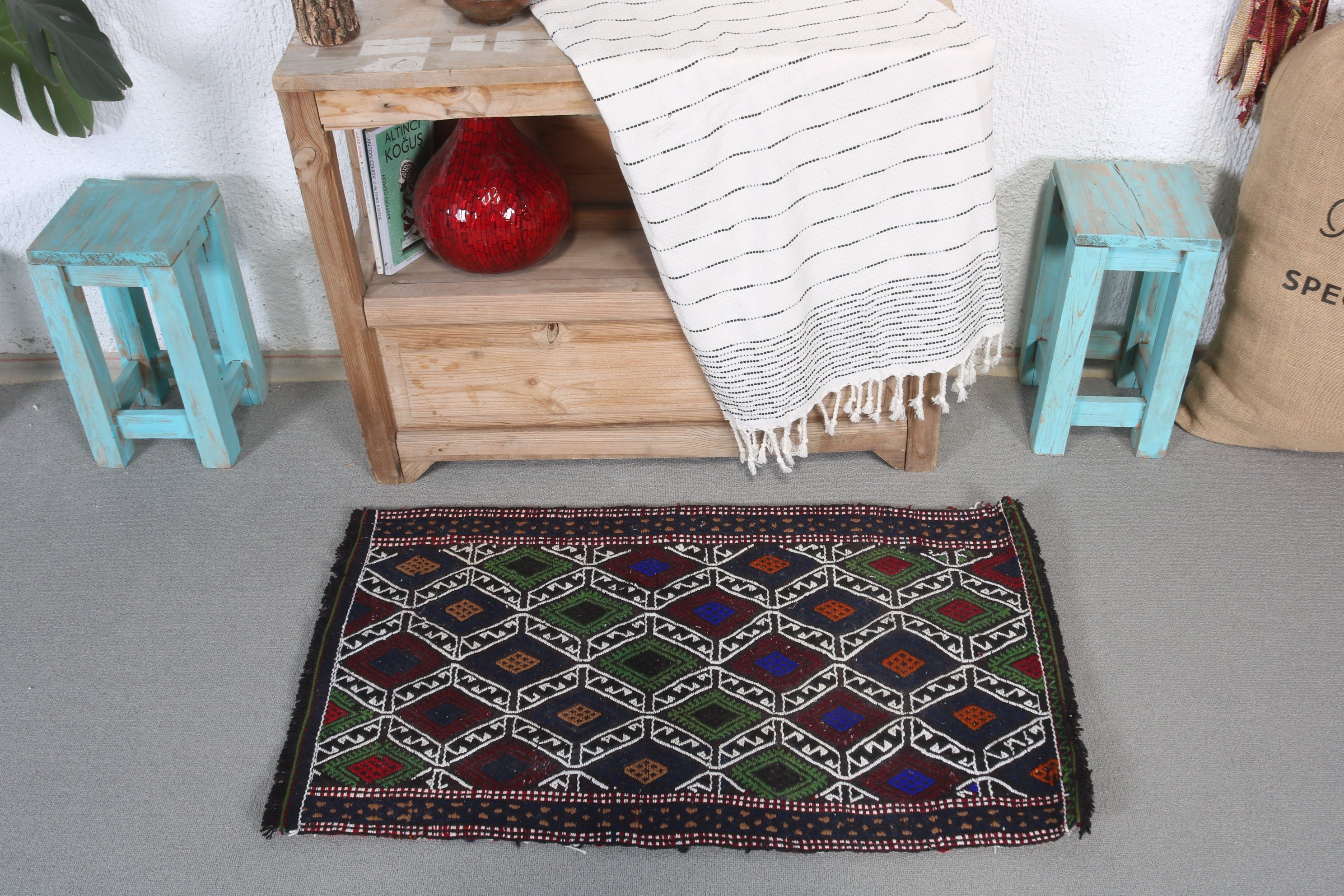 Mutfak Halıları, Yatak Odası Halısı, Kilim, Türk Halıları, Havalı Halılar, Retro Halı, Vintage Halı, Mavi 1.7x3 ft Küçük Halı, Fas Halıları