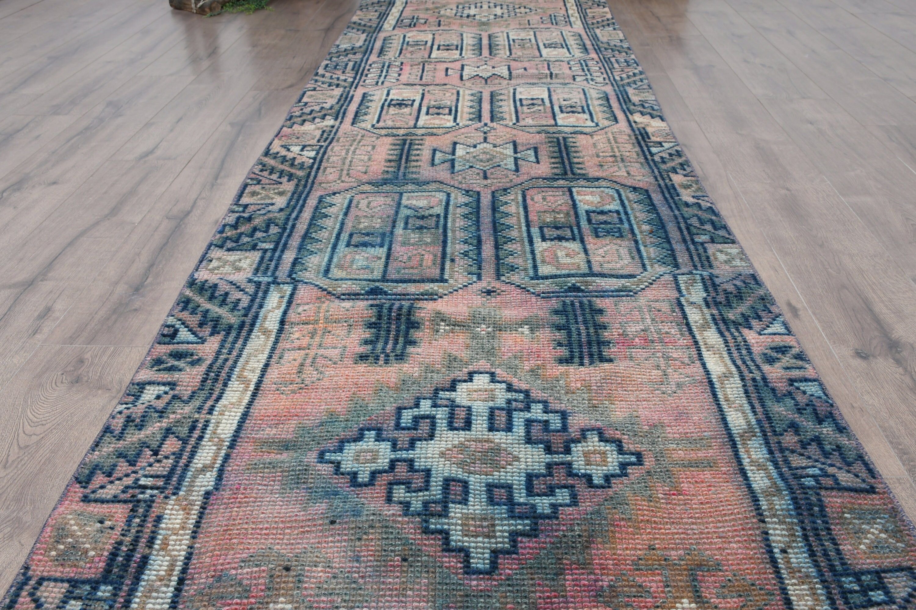 Vintage Rugs, Rugs for Kitchen, Turkish Rugs, Oushak Rugs, Hallway Rugs, Blue Moroccan Rug, Stair Rug, 3x11.7 ft Runner Rugs