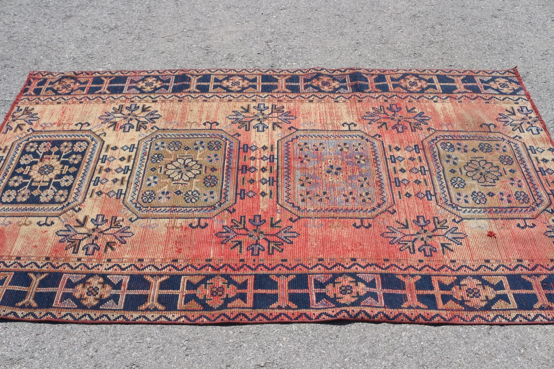 Yer Halısı, Antika Halı, Fas Halısı, 3,9x7,3 ft Alan Halısı, İç Mekan Halıları, Vintage Halılar, Kırmızı Oushak Halısı, Türk Halısı, Yatak Odası Halıları