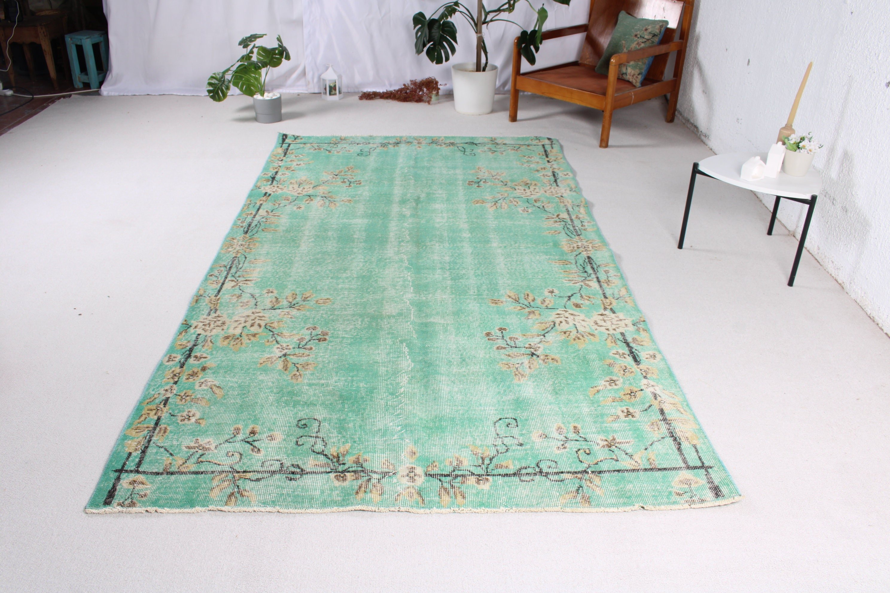 Yemek Odası Halısı, Türk Halıları, Modern Halı, Lüks Halı, Büyük Oushak Halıları, Yeşil Yün Halı, Vintage Halılar, 5x9 ft Büyük Halılar, Salon Halıları