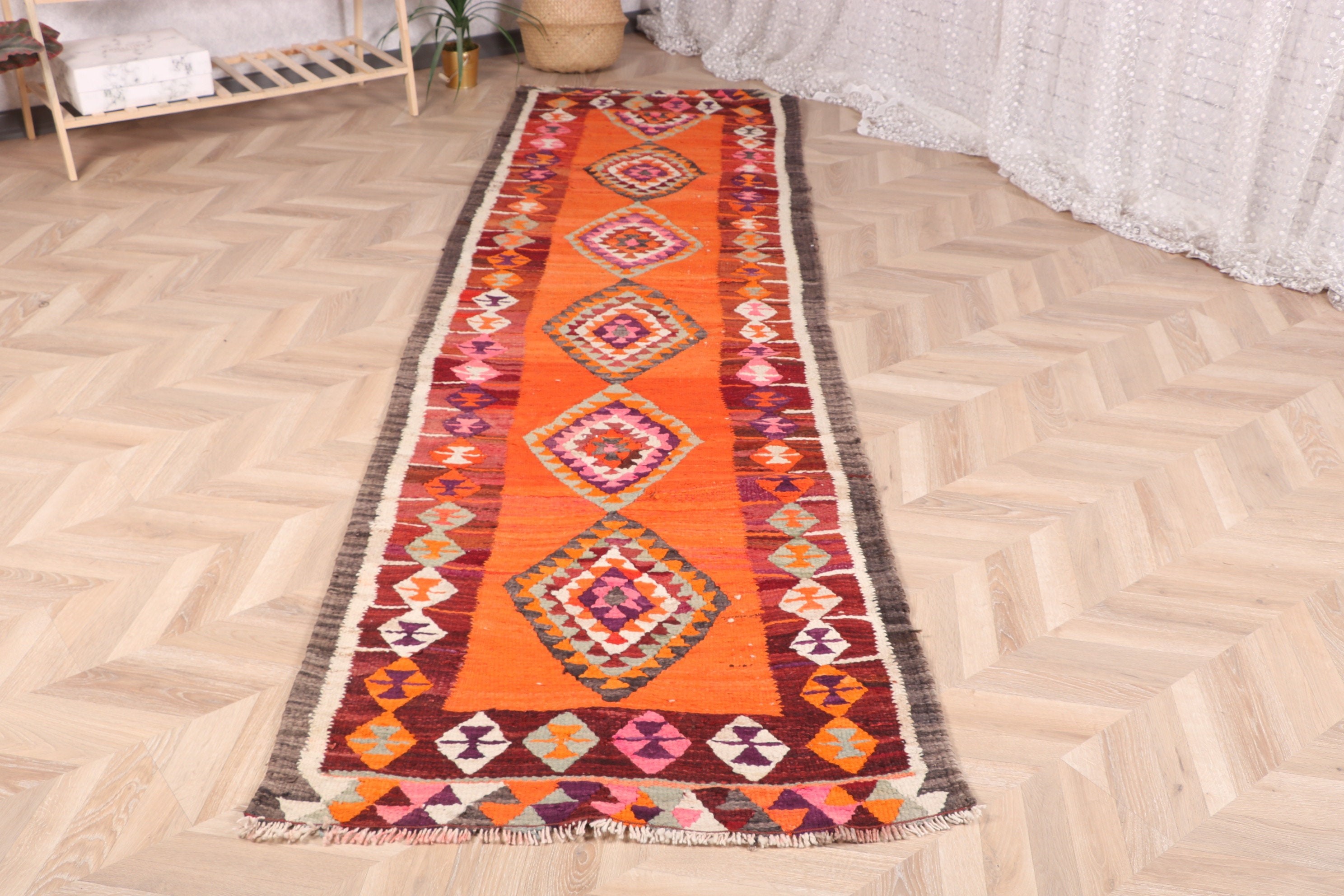 Flatweave Rug, Turkish Rug, Vintage Rug, Orange Luxury Rug, 3x10.1 ft Runner Rug, Beni Ourain Runner Rug, Rugs for Kitchen, Home Decor Rug