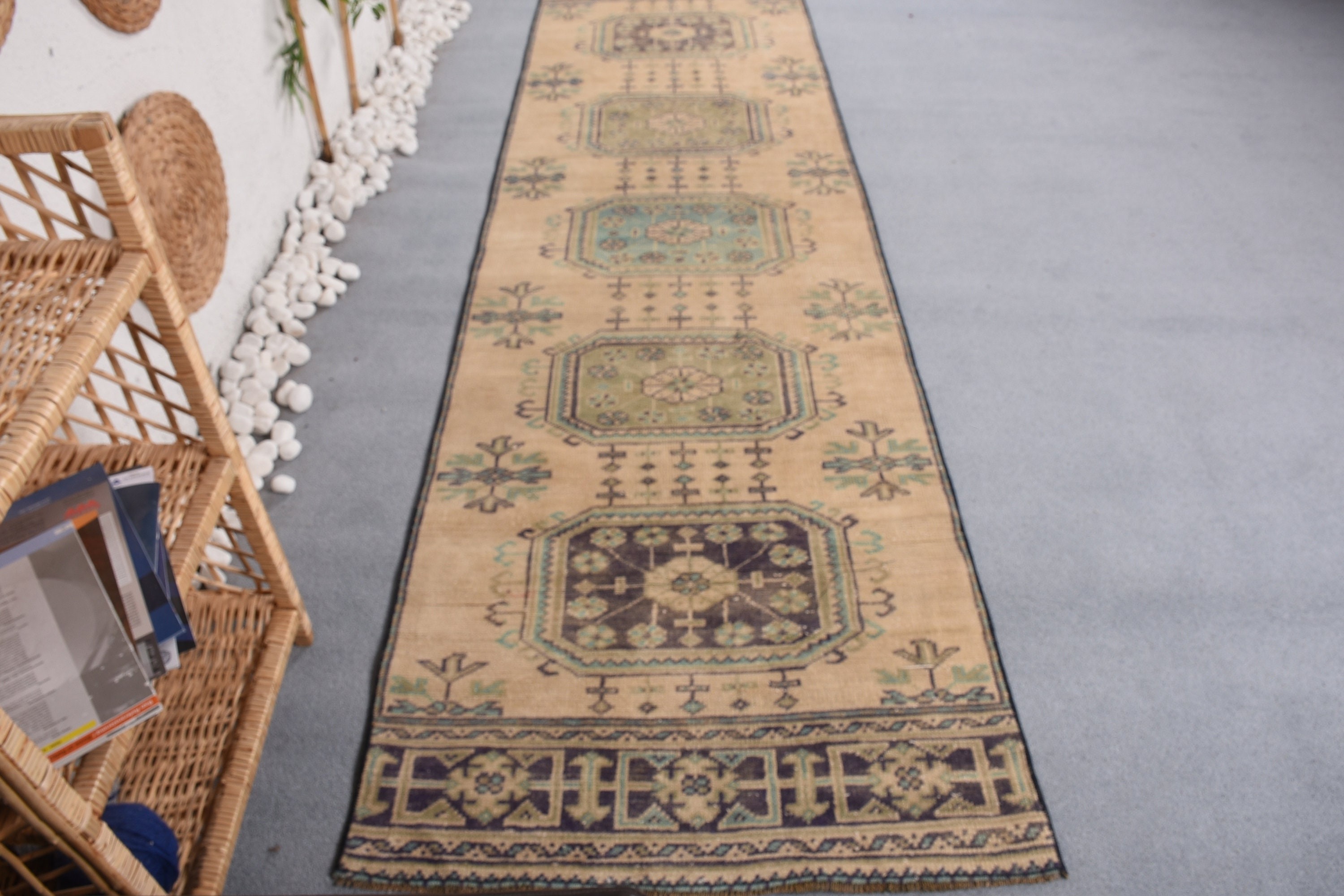 Vintage Halı, 2.9x10.1 ft Runner Halı, Bej Oryantal Halı, Ev Dekorasyonu Halısı, Merdiven Halısı, Türk Halıları, Merdiven Halıları, Yer Halısı, Koridor Halısı