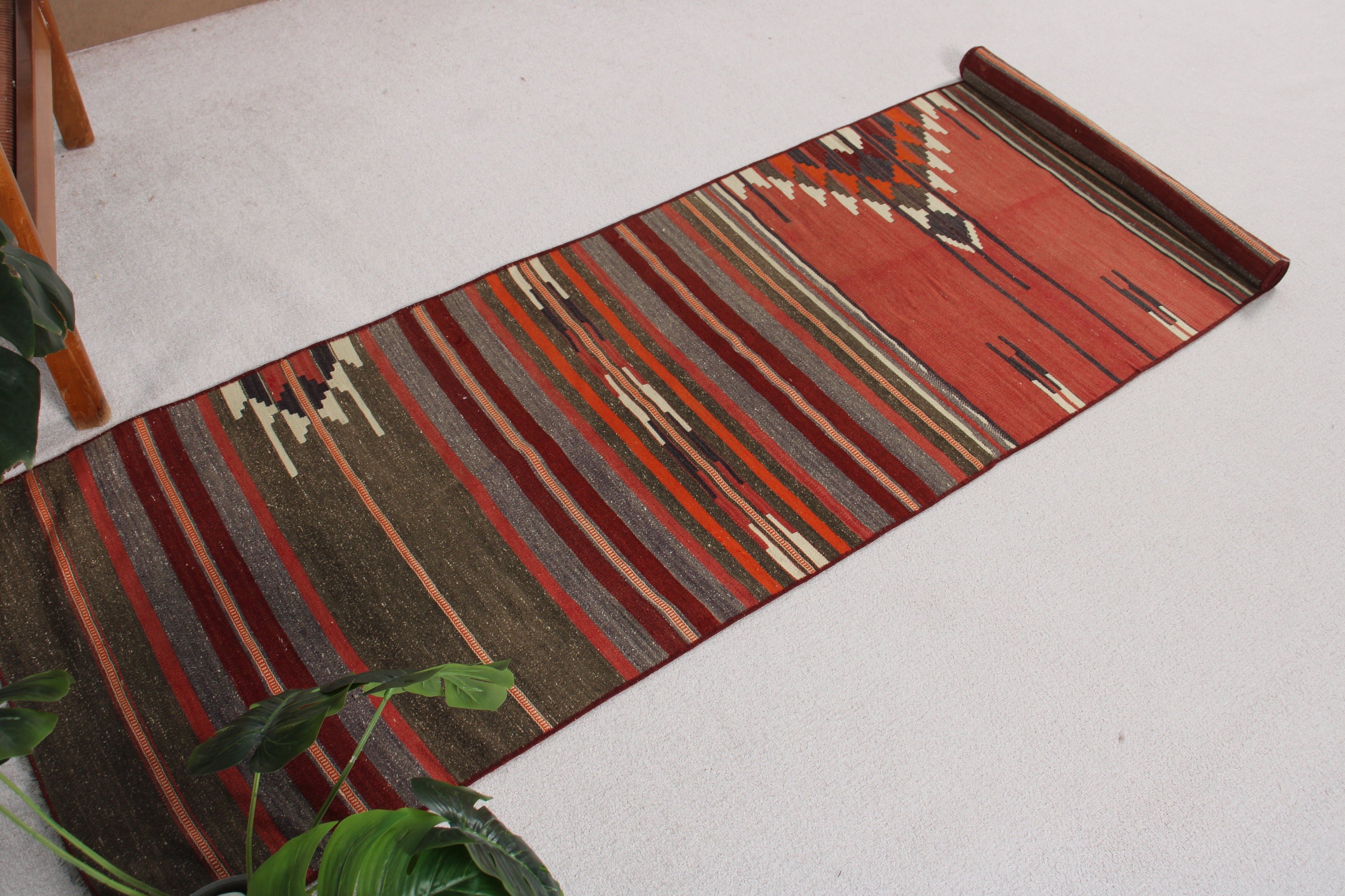 2.2x9.8 ft Runner Halıları, Kırmızı Geometrik Halı, Runner Halıları, Koridor Halısı, Vintage Halı, Ev Dekor Halısı, Türk Halıları, Kilim, Nötr Halılar