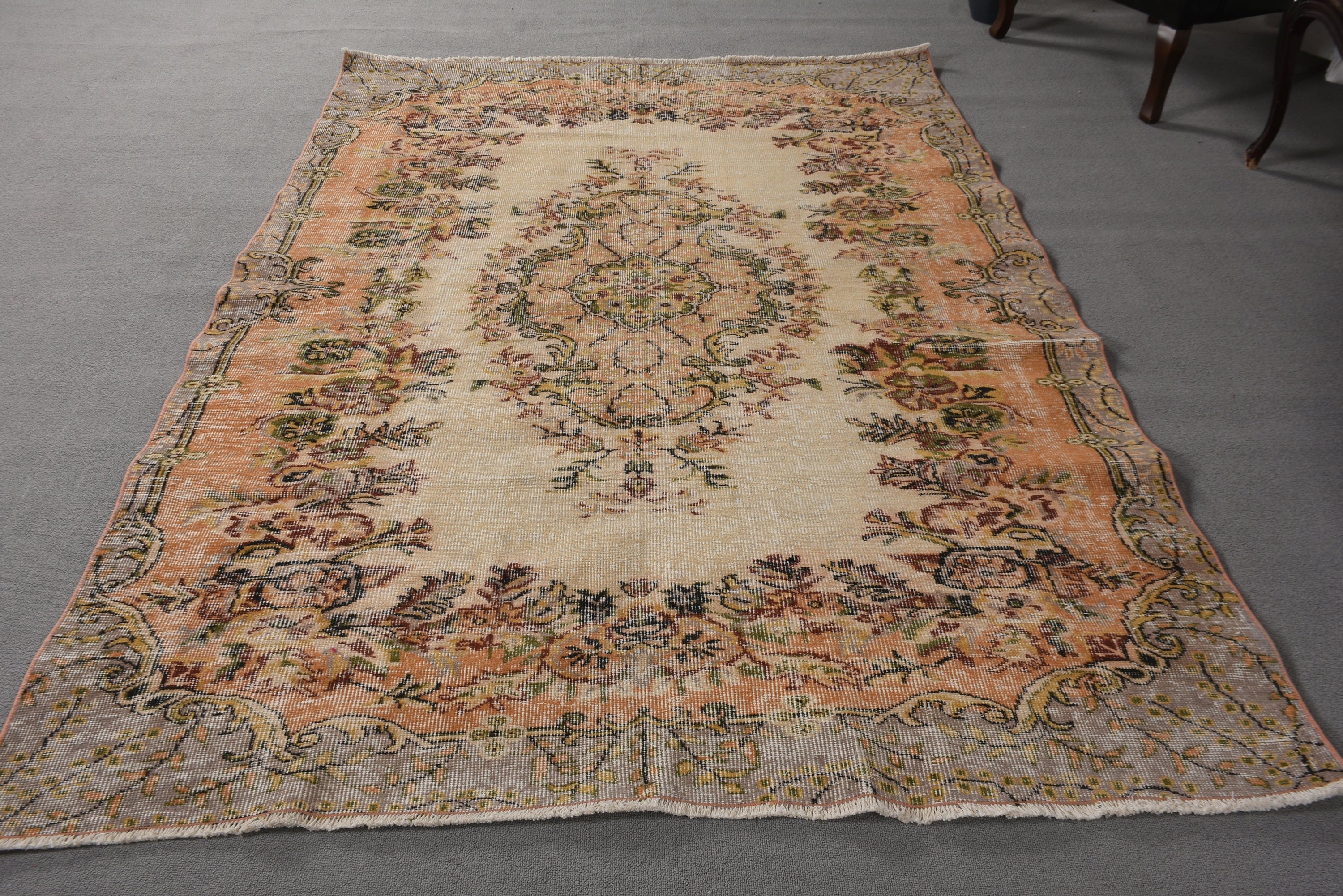 Bej Antika Halı, Mutfak Halıları, Vintage Halı, Büyük Oushak Halısı, Türk Halısı, Büyük Vintage Halı, 5.6x8.2 ft Büyük Halı, Oryantal Halılar