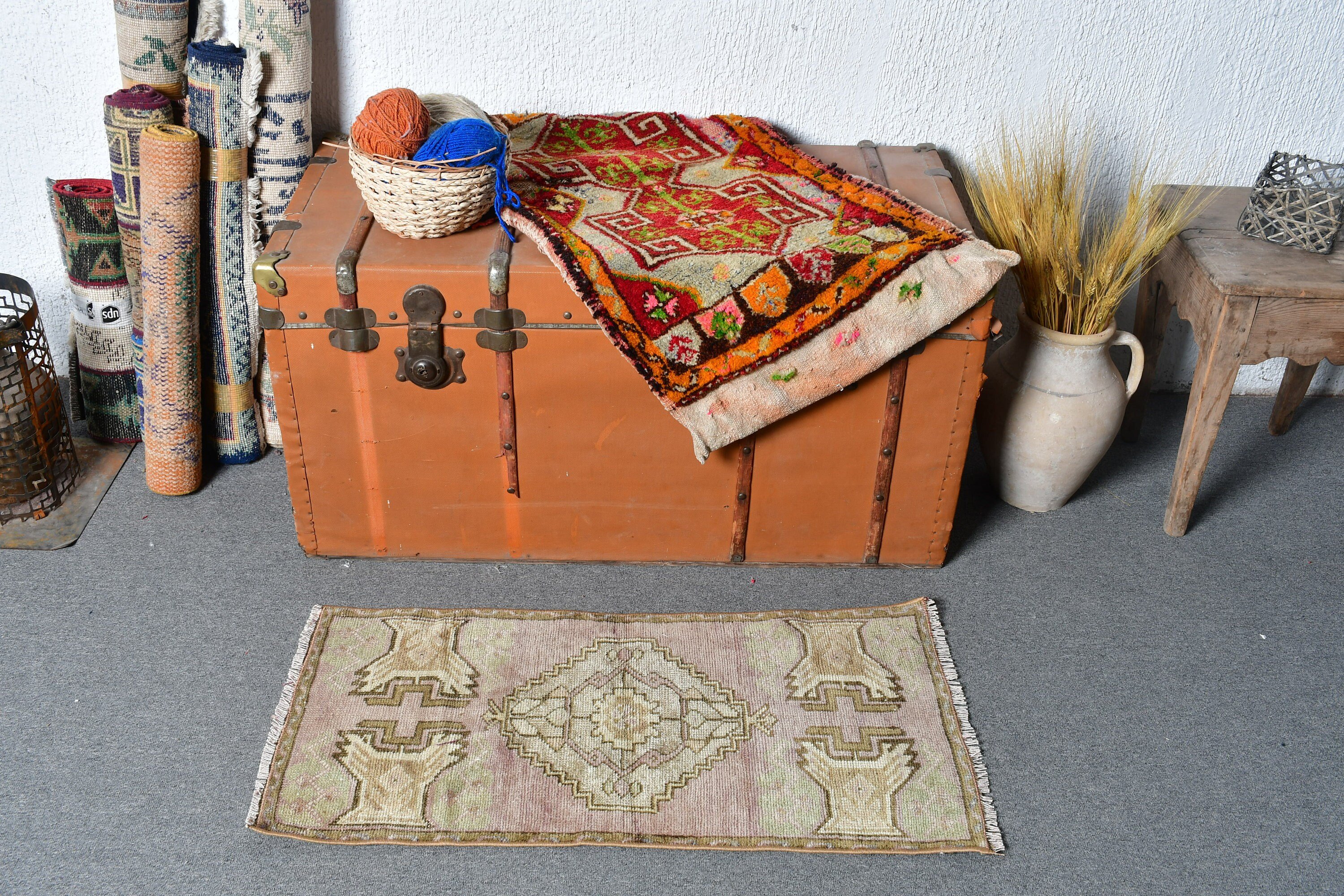 Vintage Rug, Bath Rug, Anatolian Rug, Bedroom Rug, Rugs for Car Mat, Turkish Rug, Wool Rug, 1.4x2.9 ft Small Rugs, Brown Oriental Rug