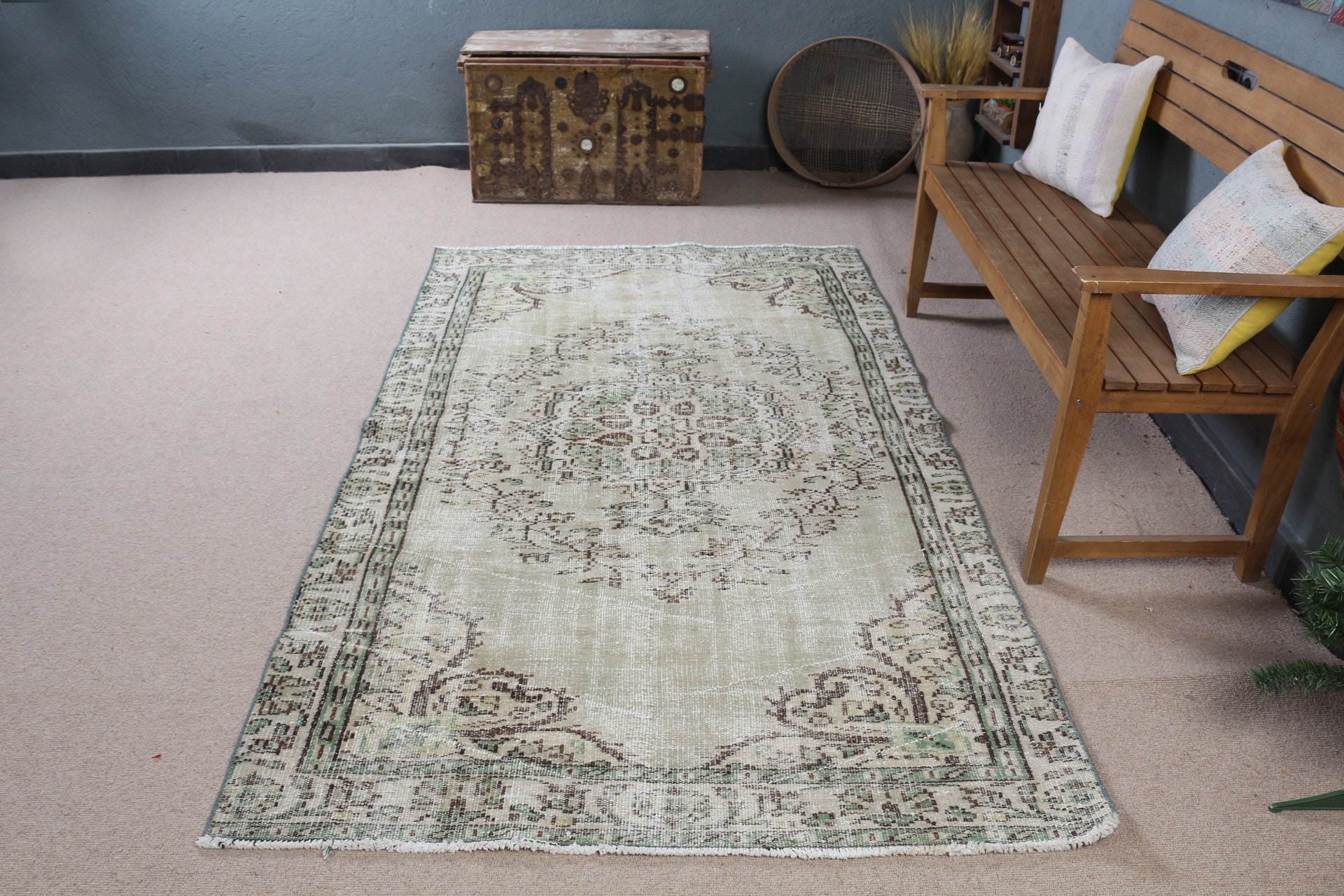 Flatweave Rug, Rugs for Living Room, Oushak Rug, Turkish Rugs, Floor Rug, Vintage Rug, Green Antique Rug, Nursery Rug, 4.4x7.4 ft Area Rug