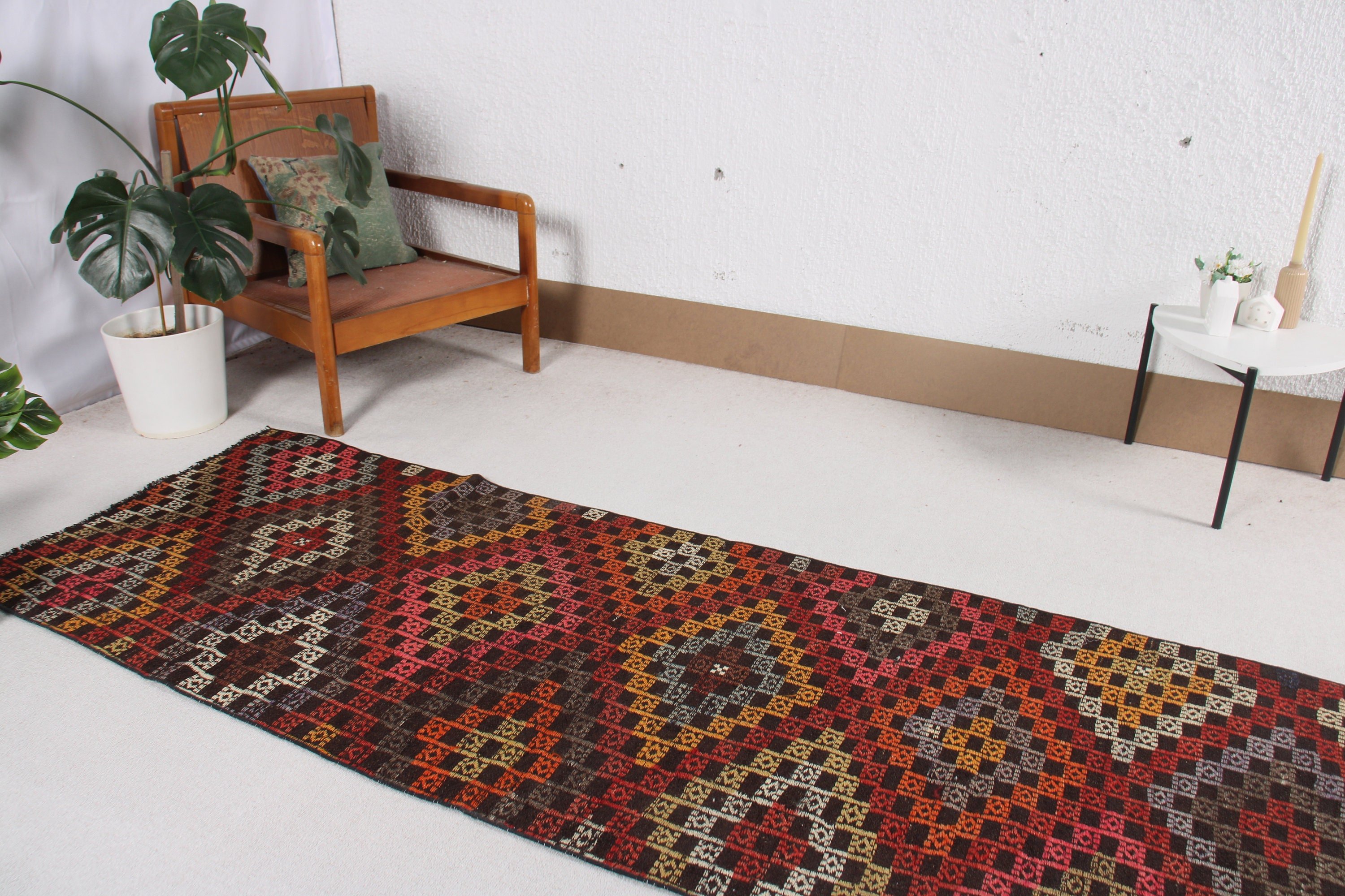 Nötr Halı, Koridor Halıları, Modern Halılar, 2,8x7,9 ft Yolluk Halıları, Türk Halıları, Vintage Halı, Kilim, Kahverengi Geometrik Halı, Mutfak Halısı