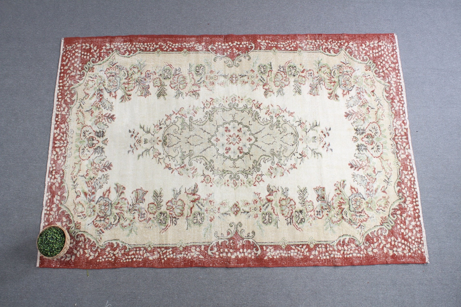 Sanat Halıları, Oushak Halısı, Türk Halısı, Yemek Odası Halıları, Bej Anadolu Halısı, Vintage Halı, Salon Halısı, 6,4x9,5 ft Büyük Halı