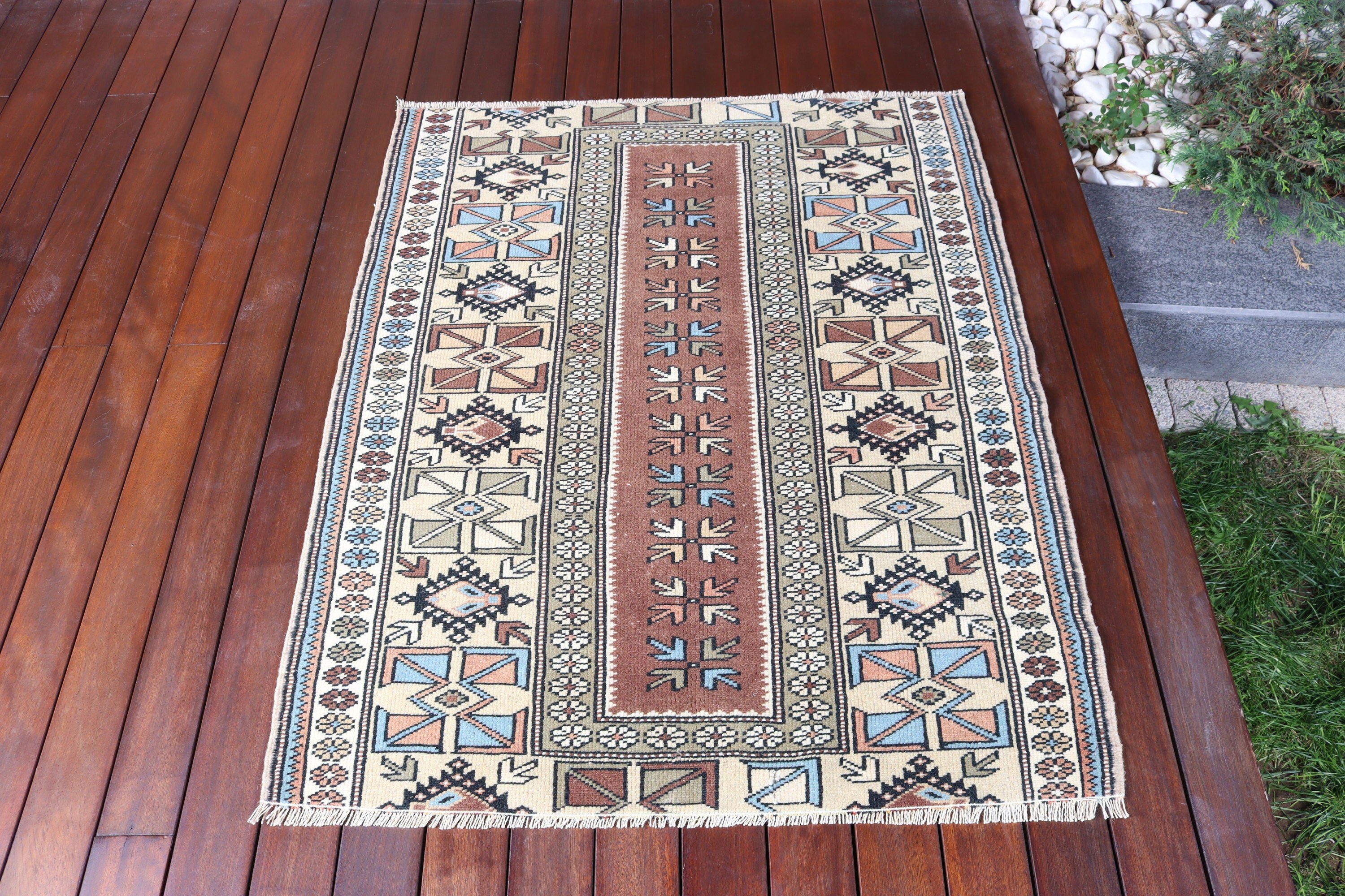 3,2x3,9 ft Küçük Halılar, Bej Açıklama Halıları, Türk Halıları, Oushak Halısı, Küçük Boho Halıları, Küçük Alan Halısı, Vintage Halı