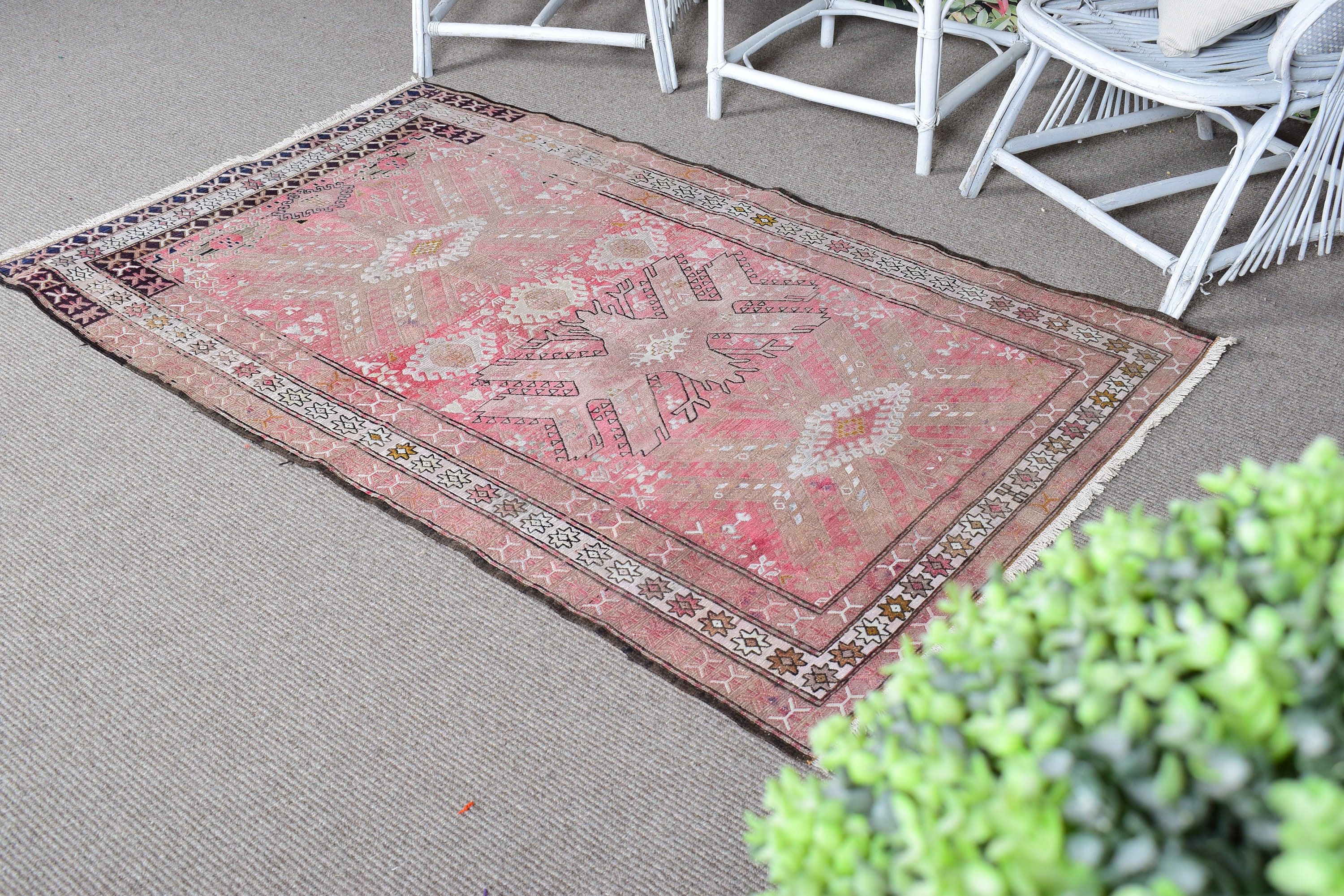 Geometrik Halı, Boho Vurgulu Halılar, Vintage Halı, Boho Vurgulu Halılar, Pembe Açıklama Halısı, Türk Halısı, El Dokuma Halı, 3,3x4,8 ft Vurgulu Halılar