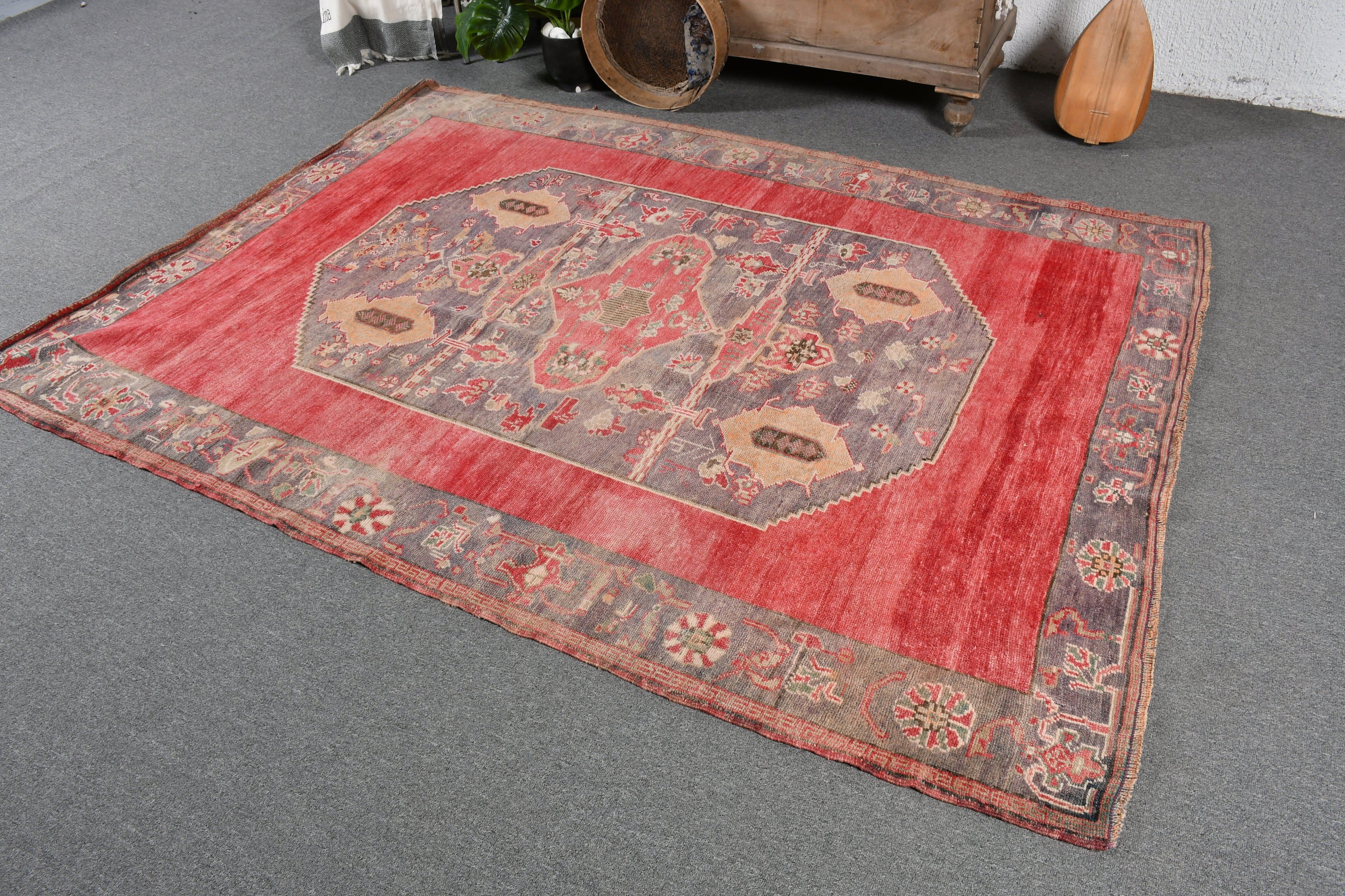 Vintage Rugs, Rugs for Indoor, 5.2x7 ft Area Rug, Bedroom Rug, Turkish Rug, Living Room Rugs, Oushak Rug, Red Floor Rug