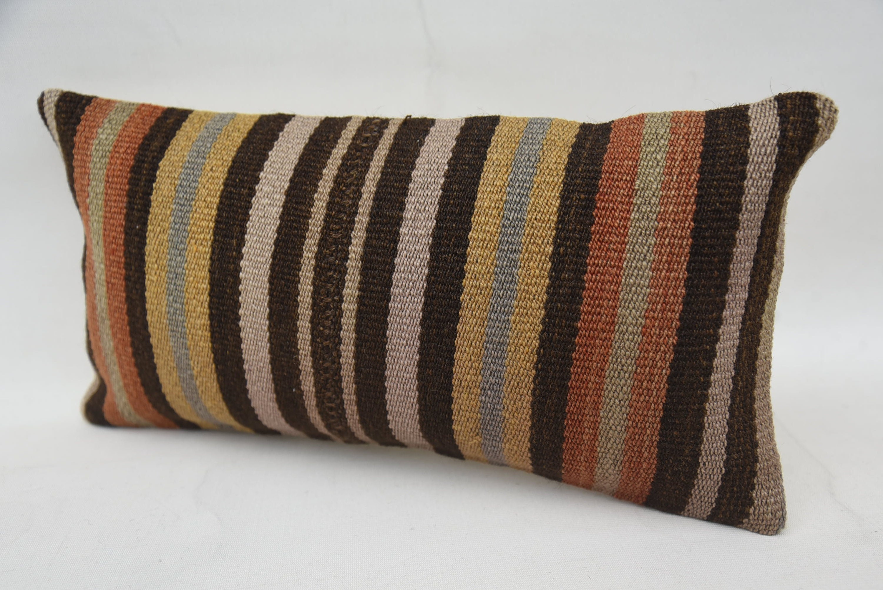 Throw Kilim Pillow, Pillow for Sofa, Boho Pillow Sham Cover, 8"x16" Brown Cushion Cover, Turkish Rugs Cushion Cover