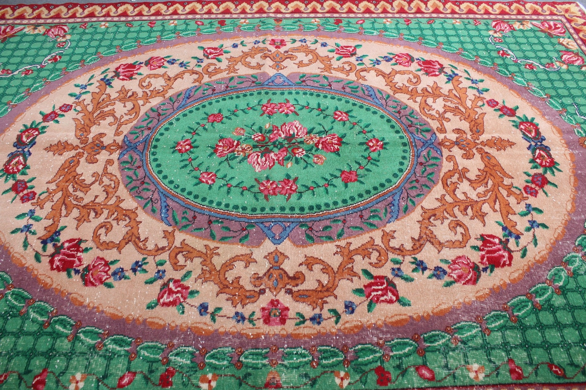 Vintage Rug, Living Room Rug, Moroccan Rug, Floor Rugs, Saloon Rug, Green Moroccan Rug, 7.3x10.7 ft Oversize Rug, Turkish Rug, Pastel Rugs