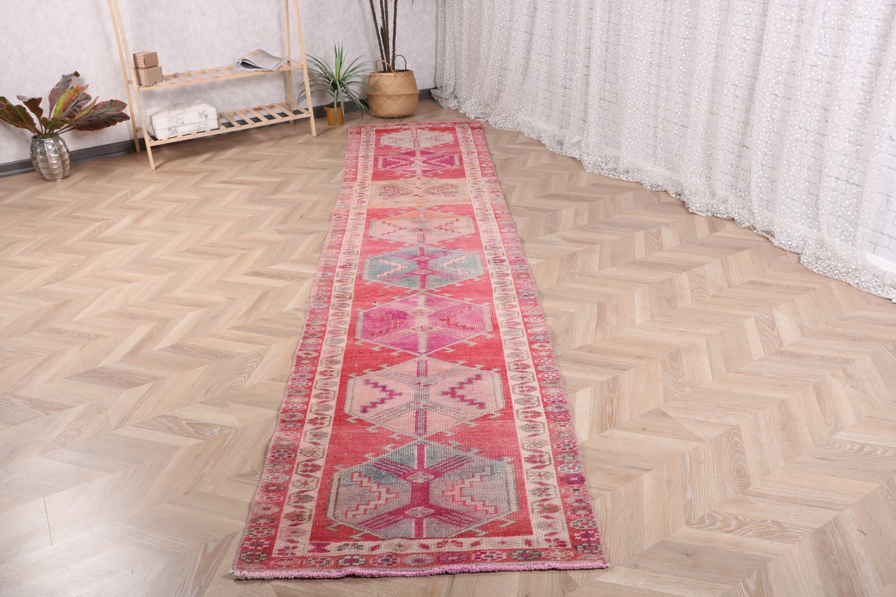 Estetik Halı, 2.8x11.8 ft Yolluk Halı, Mutfak Halıları, Yün Halılar, Türk Halısı, Koridor Halıları, Vintage Halı, Pembe Oushak Halılar, Modern Halılar