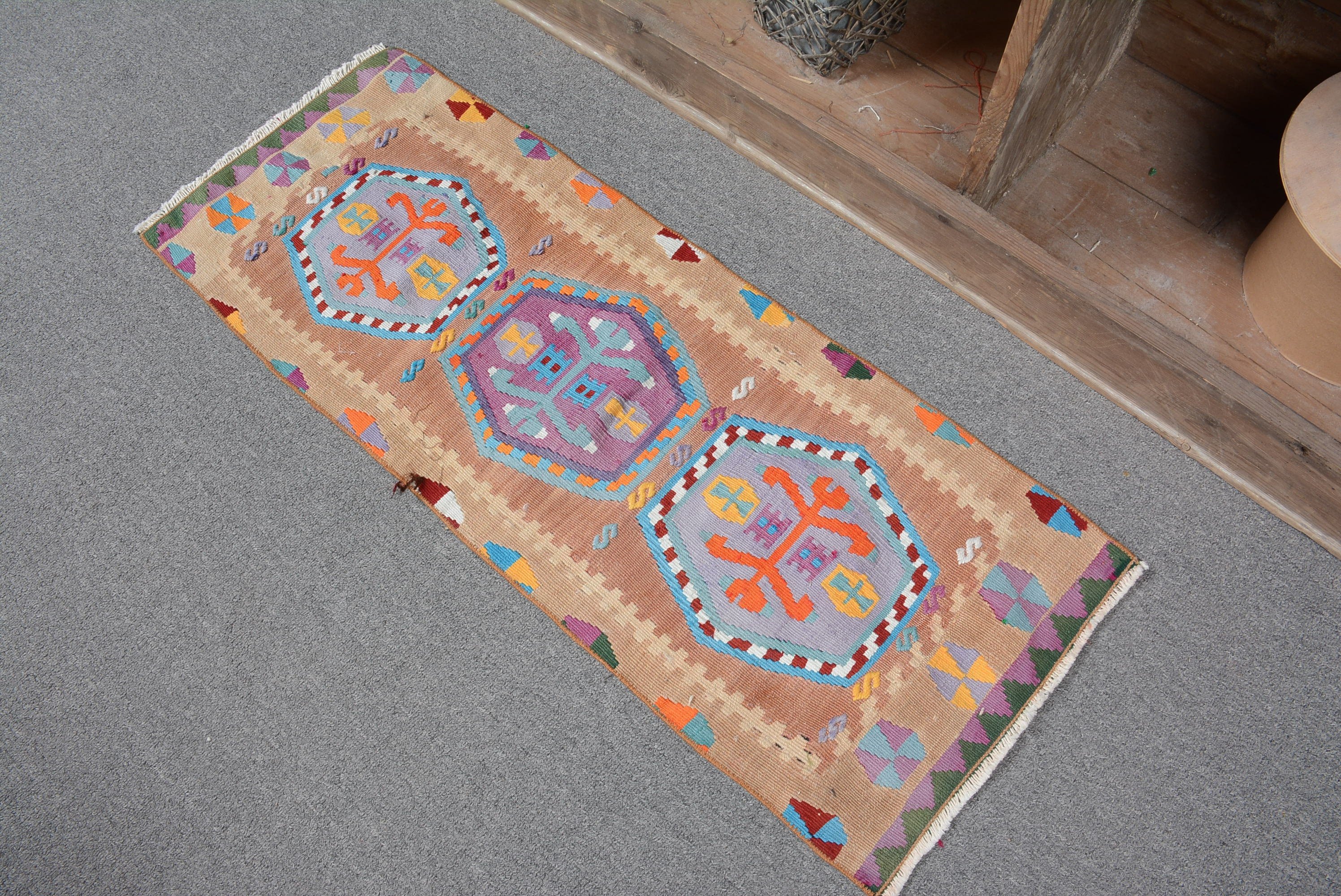 Door Mat Rug, Antique Rug, Handwoven Rug, Turkish Rugs, Car Mat Rug, Vintage Rug, Brown Anatolian Rugs, Floor Rug, 1.2x3.2 ft Small Rugs