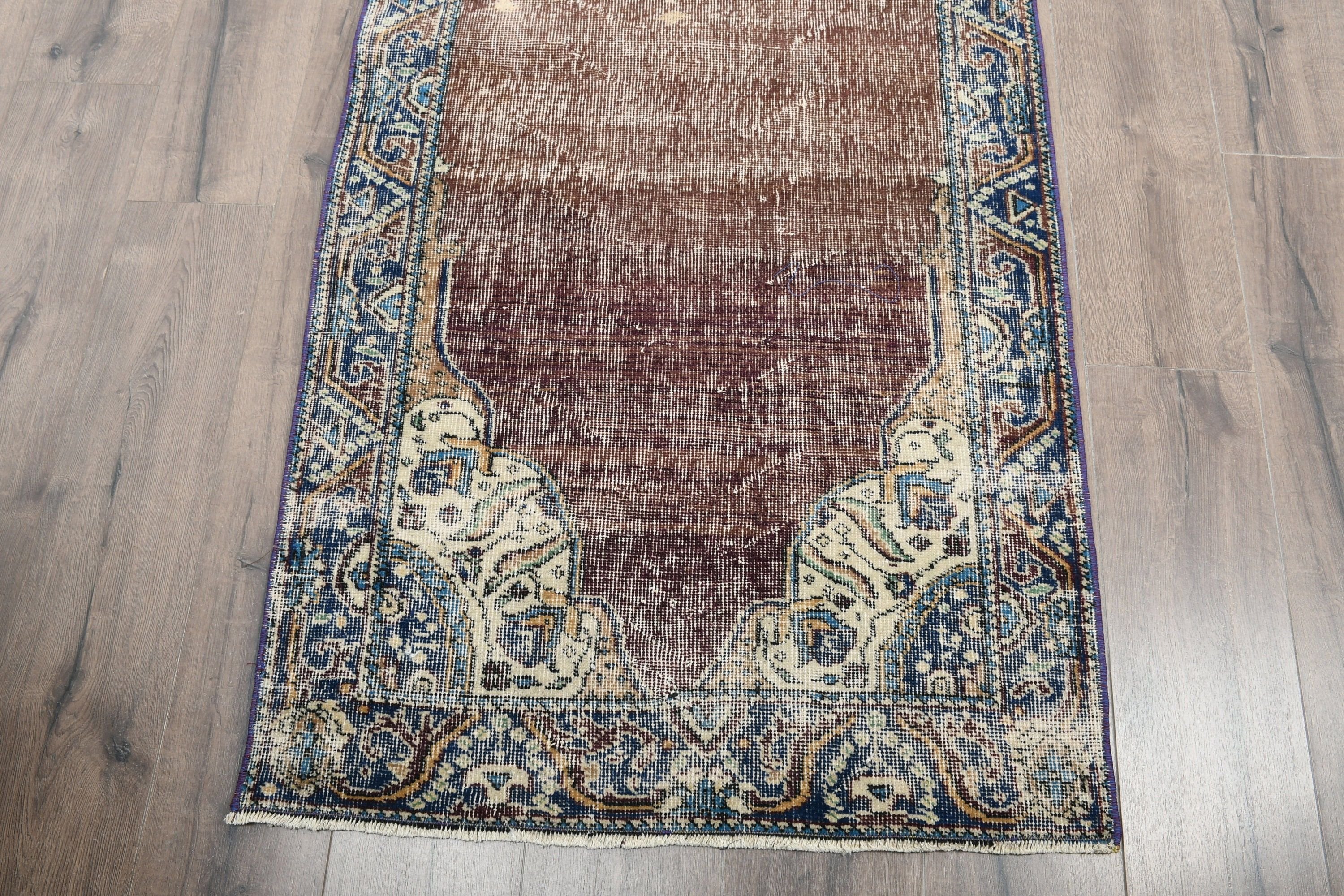 Mutfak Halısı, Vintage Halı, Kahverengi Antika Halı, Yün Halı, Havalı Halılar, Mutfak Halıları, Koridor Halısı, Türk Halısı, 2,8x12 ft Yolluk Halısı