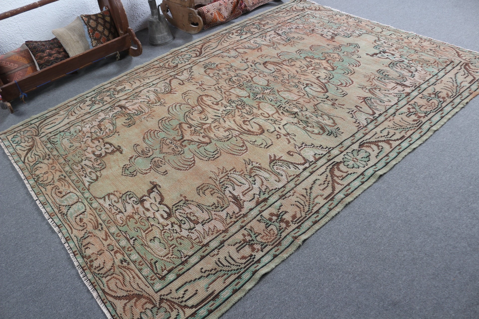 6.1x8.7 ft Büyük Halı, Türk Halıları, Soluk Halı, Kahverengi Mutfak Halıları, Oturma Odası Halısı, Yün Halıları, Yemek Odası Halısı, Vintage Halı