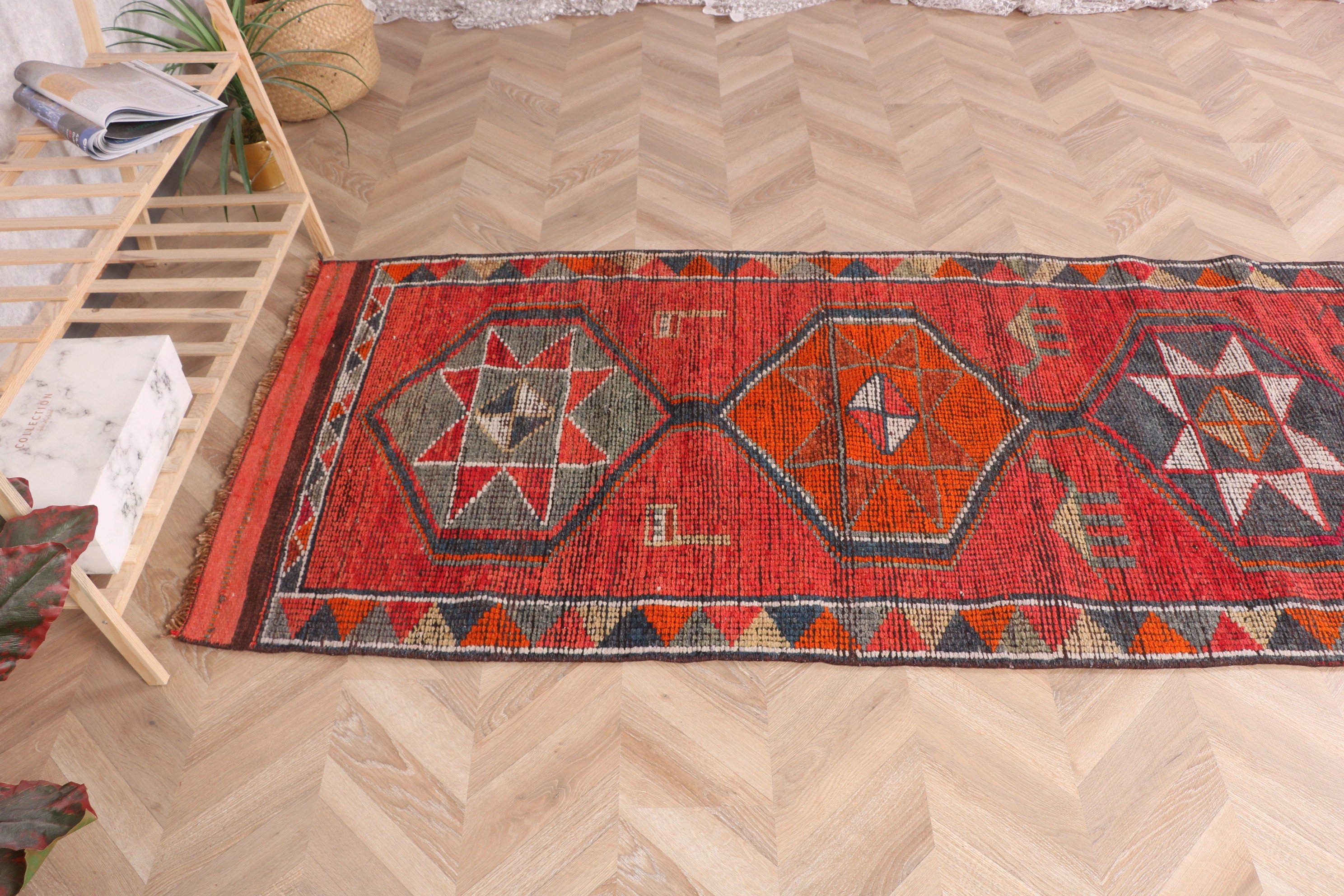 Turkish Rugs, Oriental Rug, Vintage Rugs, 3x11.4 ft Runner Rugs, Stair Rugs, Corridor Rug, Ethnic Rug, Red Floor Rugs