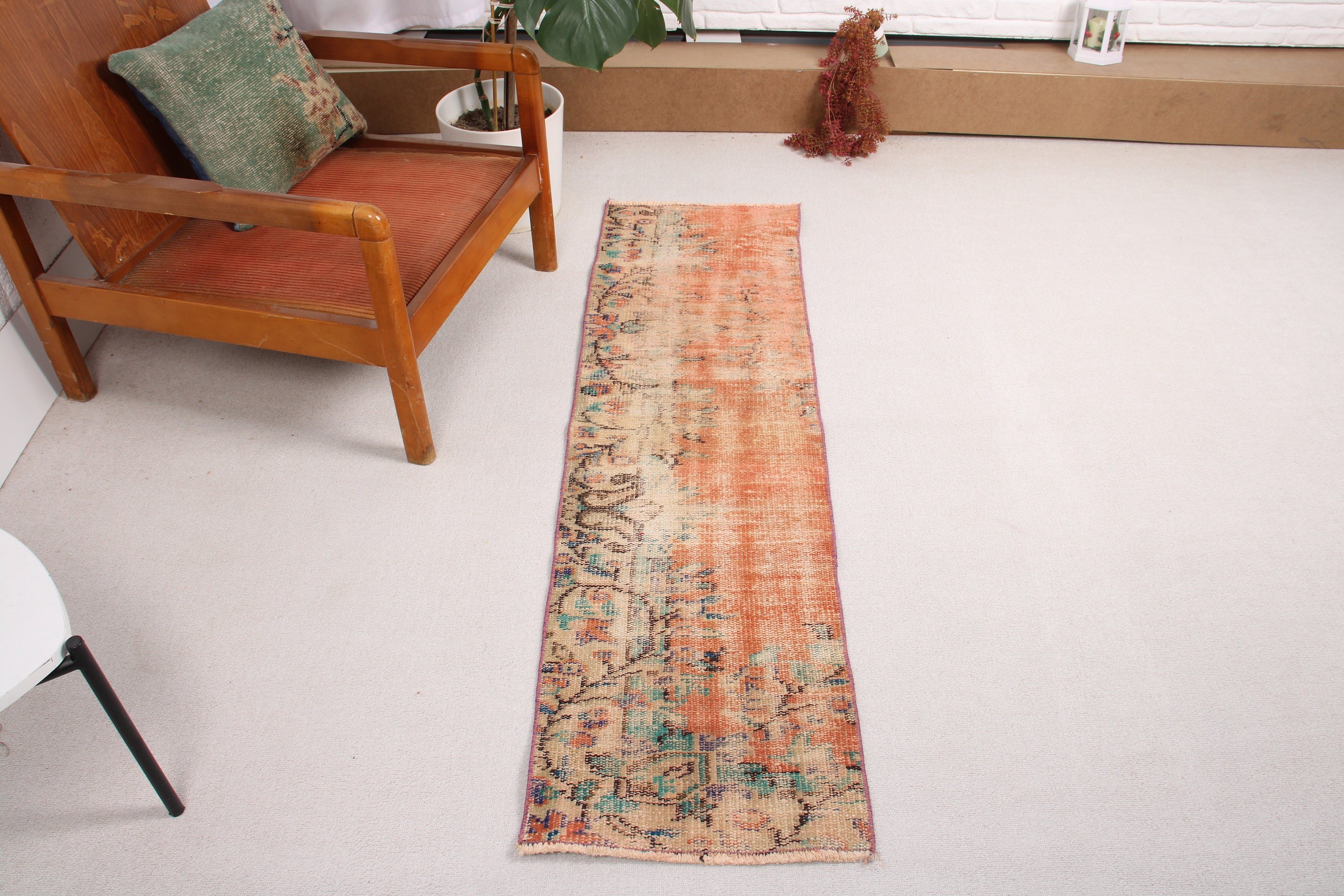 Açıklama Halıları, 1.5x5.2 ft Runner Halısı, Turuncu Boho Halısı, Koridor Halıları, Aztek Halısı, Vintage Runner Halısı, Mutfak Halıları, Türk Halısı, Vintage Halı