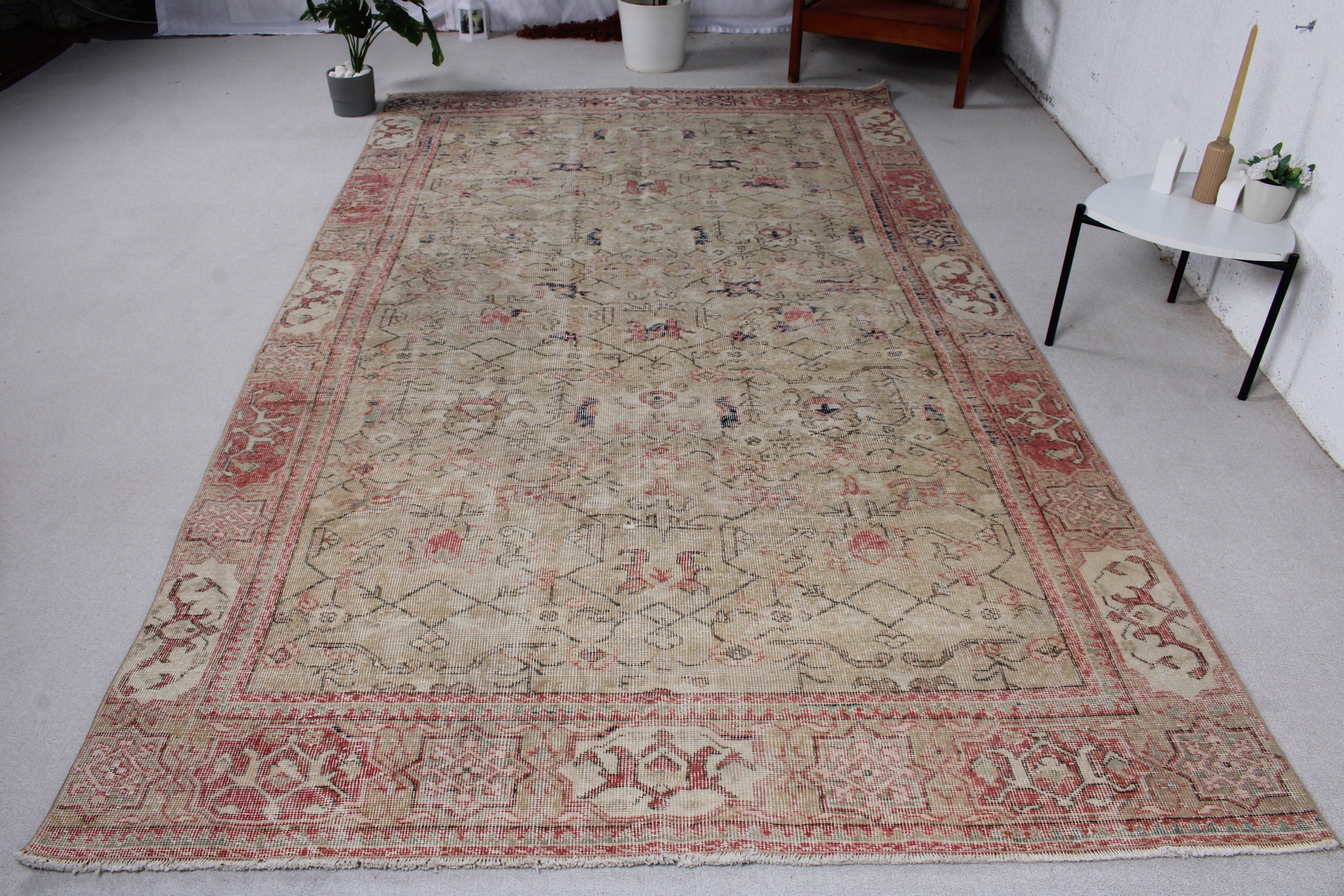 Bej Oryantal Halılar, Vintage Halı, Dış Mekan Halısı, 6x10,6 ft Büyük Halı, Havalı Halı, Anadolu Halısı, Salon Halıları, Türk Halıları, Oturma Odası Halıları