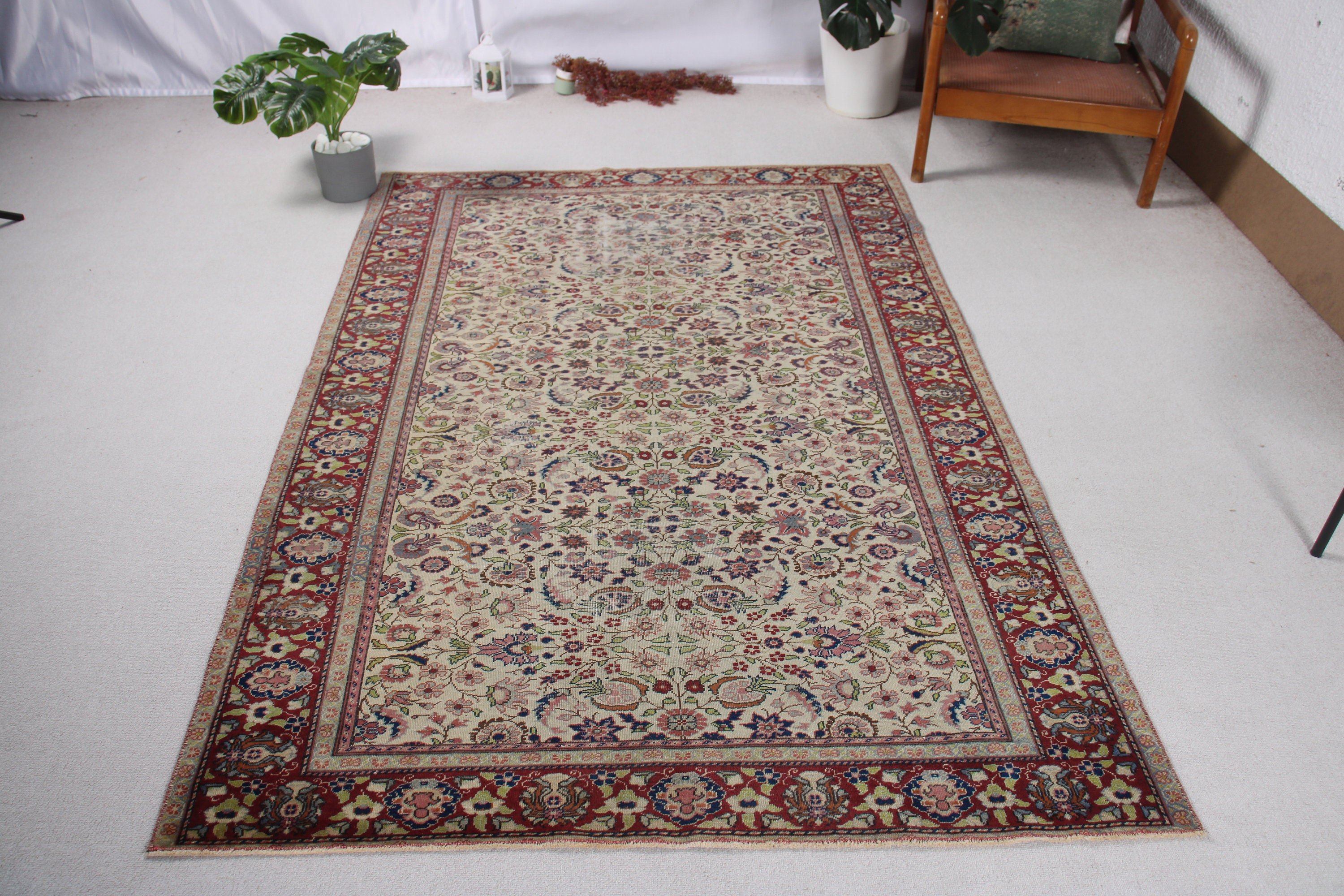 Bej 4.7x7.1 ft Alan Halıları, Düz Dokuma Halı, Yemek Odası Halısı, Vintage Halı, Türk Halısı, Oturma Odası Halıları, Geometrik Halı